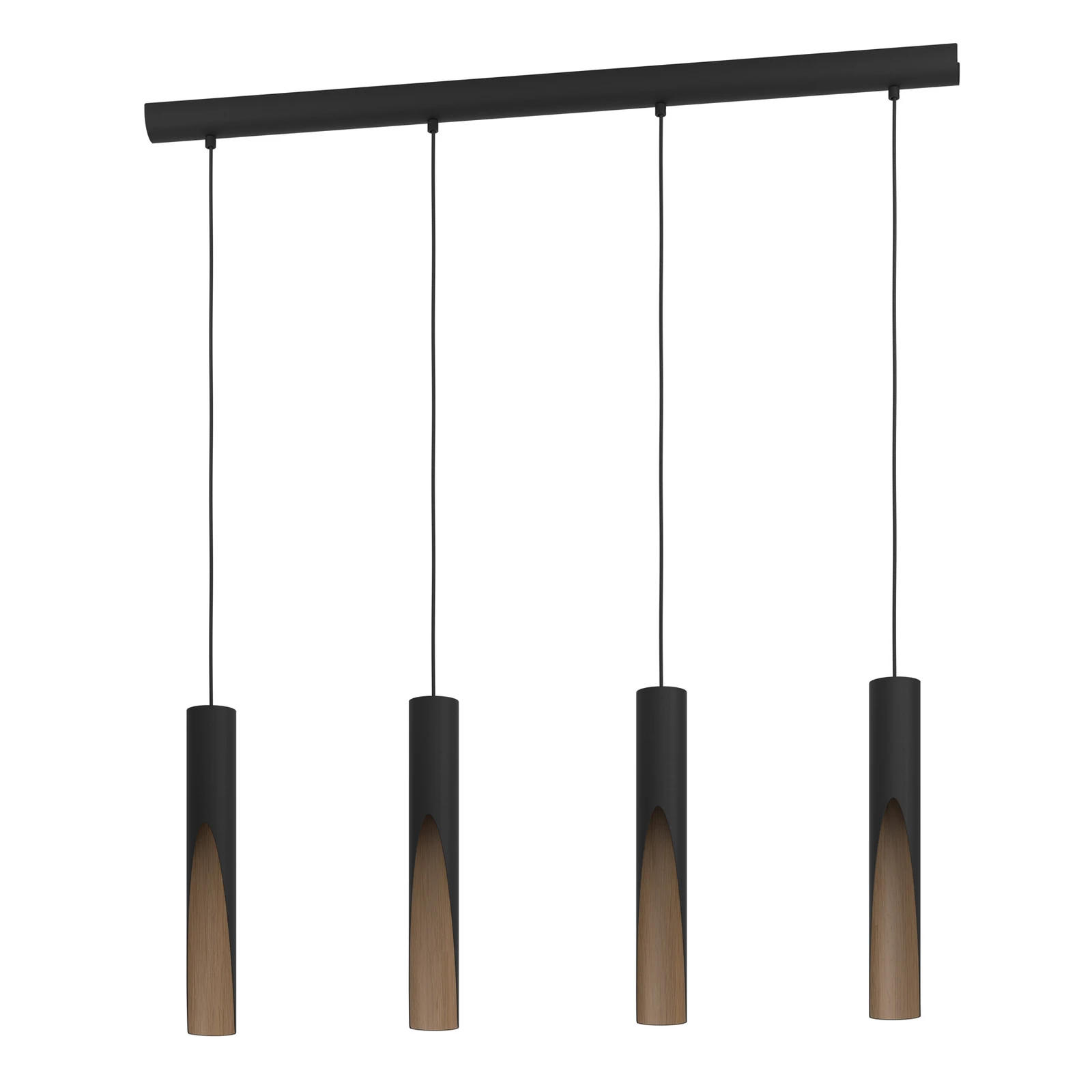 Suspension LED Barbotto en noir/chêne, à 4 lampes