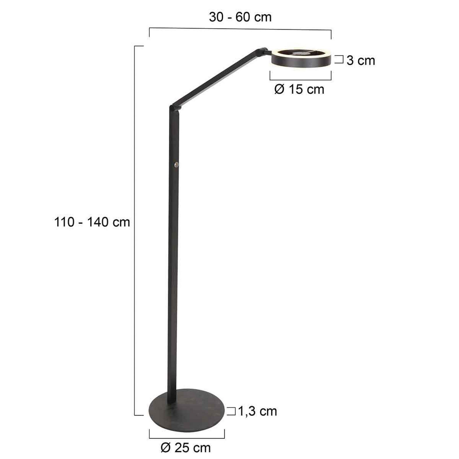 LED vloerlamp Ringlux, zwart, metaal, verstelbaar