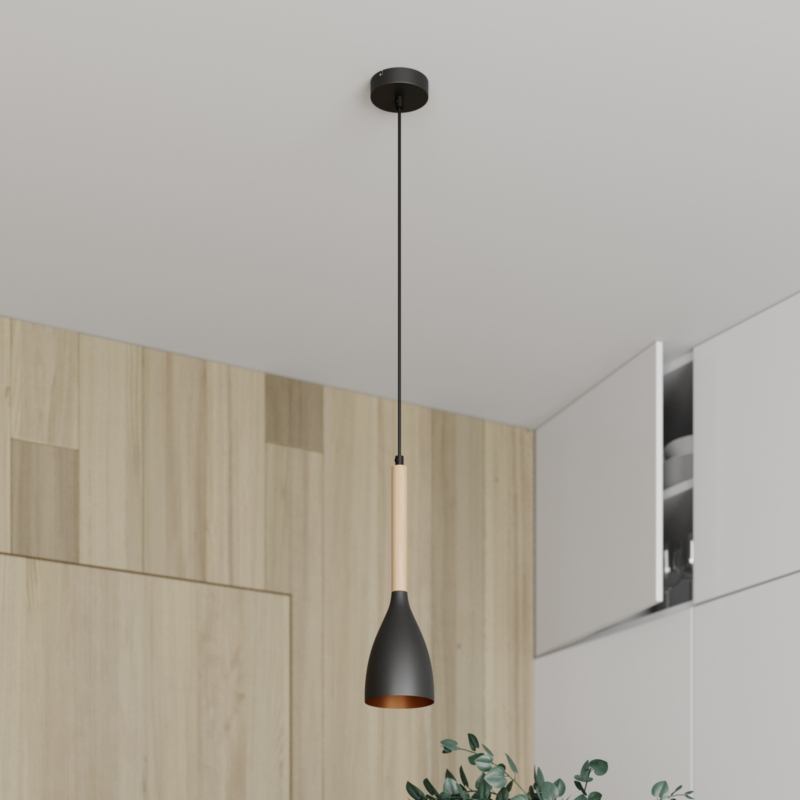 Muza pendant light, 1-bulb, black/light wood