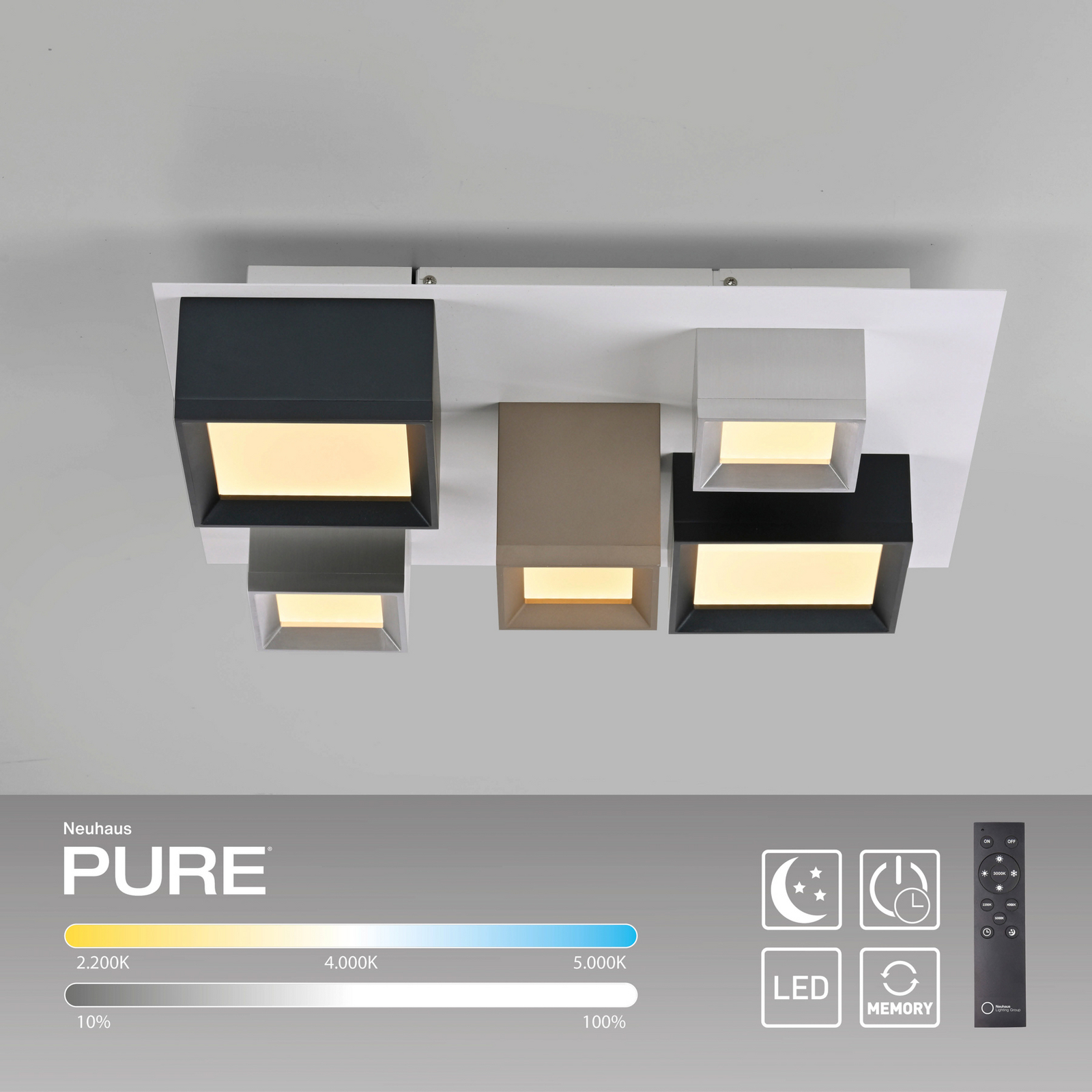 LED-stropna svetilka PURE Manhatten, večbarvna, 5-žarilna, CCT