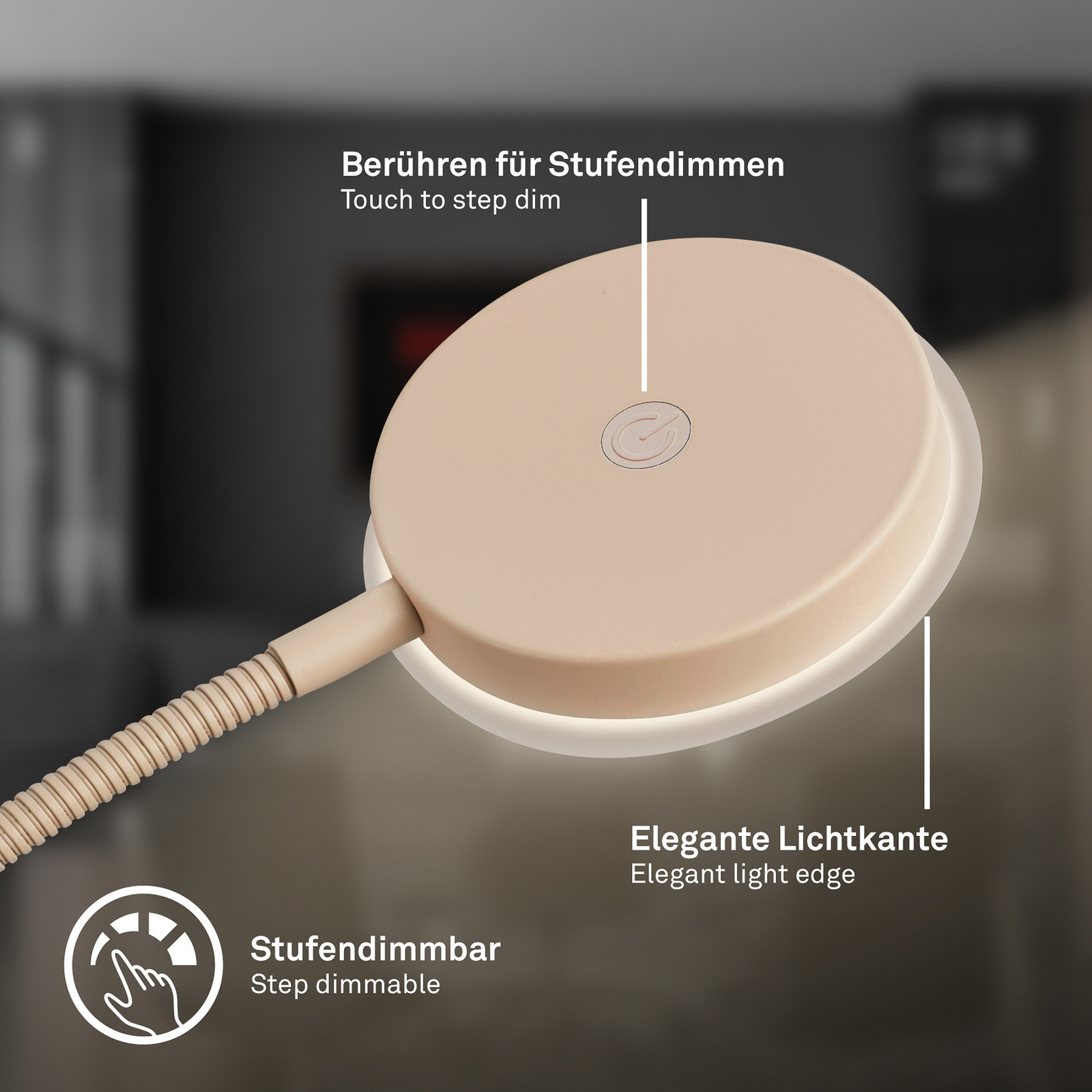 LED stāvlampa Megg, smilškrāsā, metāla, 3000 K, pieskārienu dimmeris