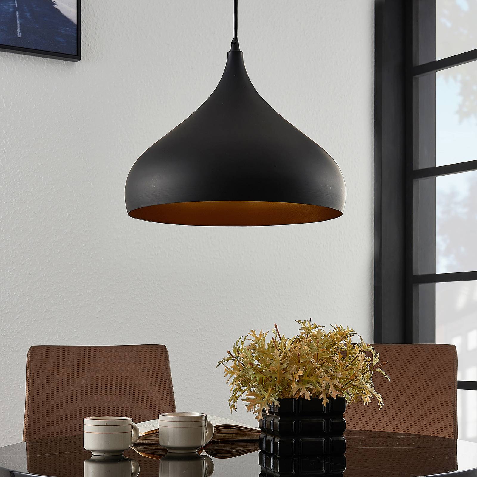 Lampa wisząca Lindby Ritana, zestaw 2 sztuk, czarno-złoty, metal, E27