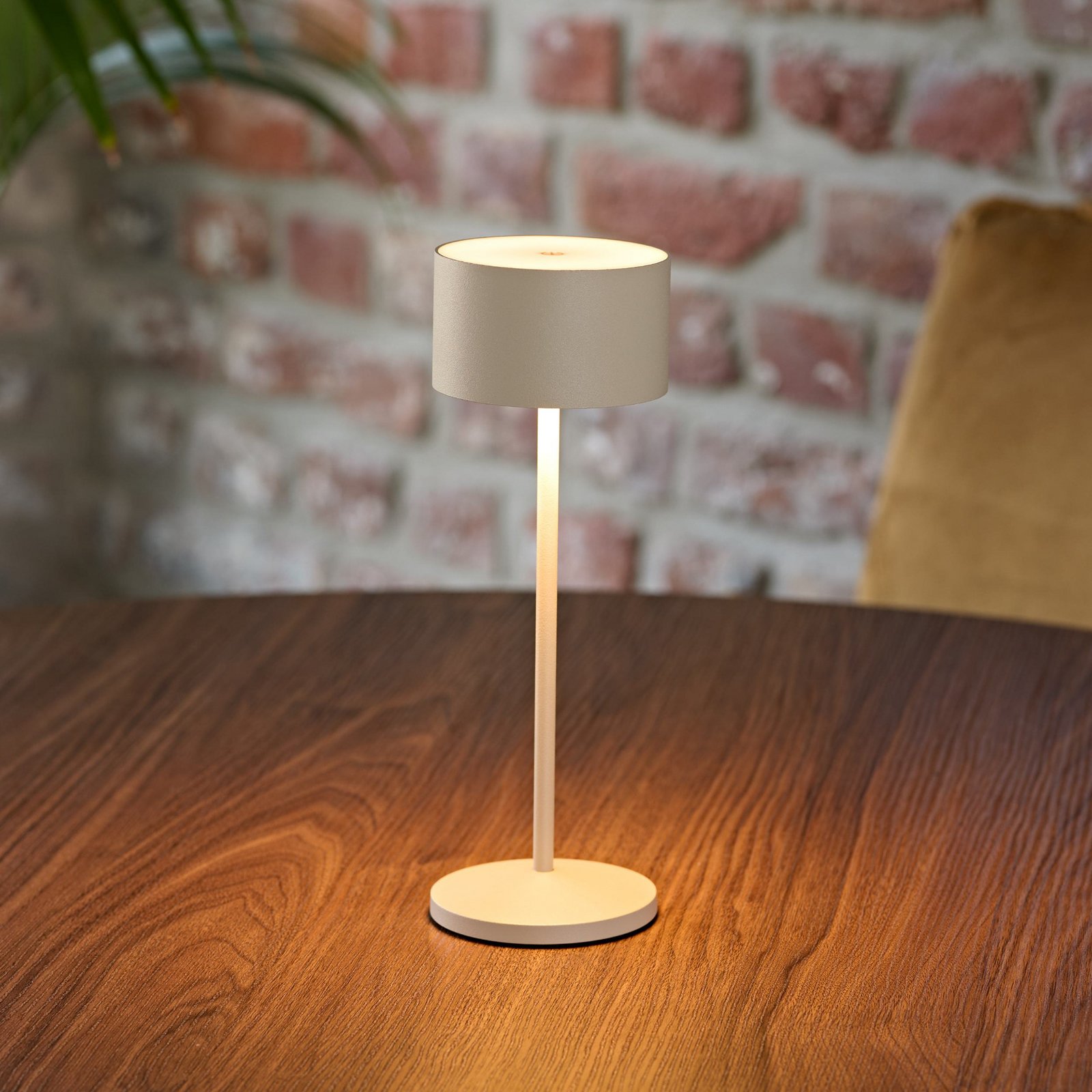 LED tölthető asztali világítás Veluna, bézs, magasság 25 cm, IP44, dimmelhető