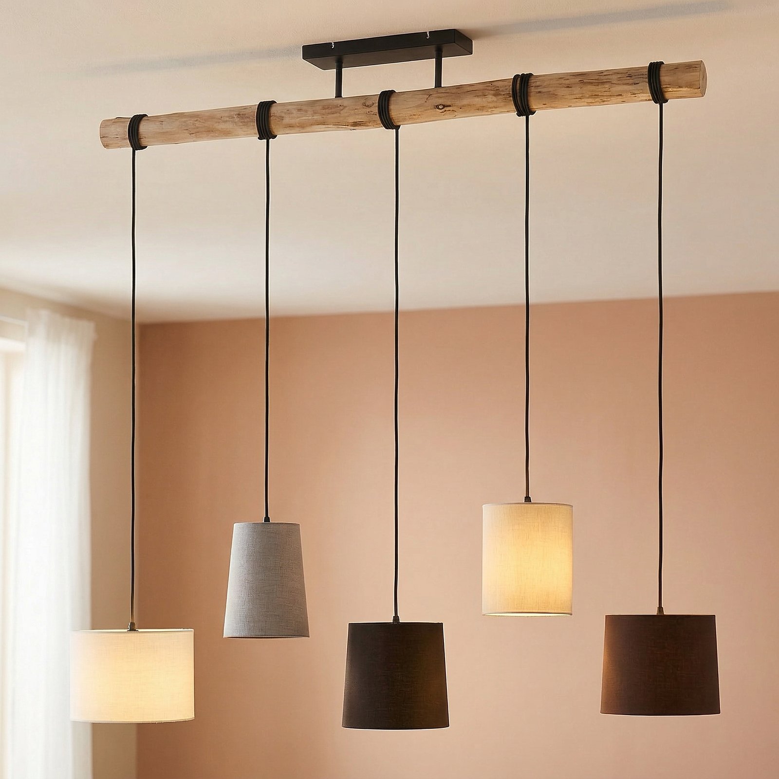 Lindby Hängeleuchte Amilia, Stoff, 5-flg., grau/beige, E27