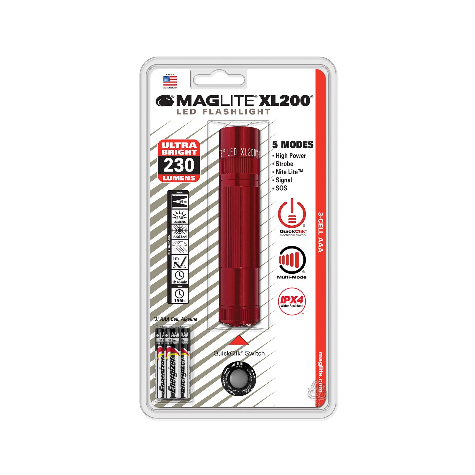 Maglite LED-lommelykt XL200, 3-Cell AAA, rød