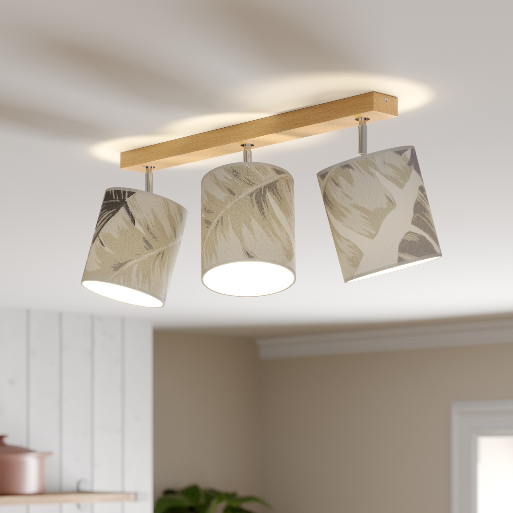 BRITOP Lobos downlight, 3-bulb, for Living / Dining Room, wallpaper, oak wood, metal, E27, 25 W, energy efficiency: A++, L: 52 cm