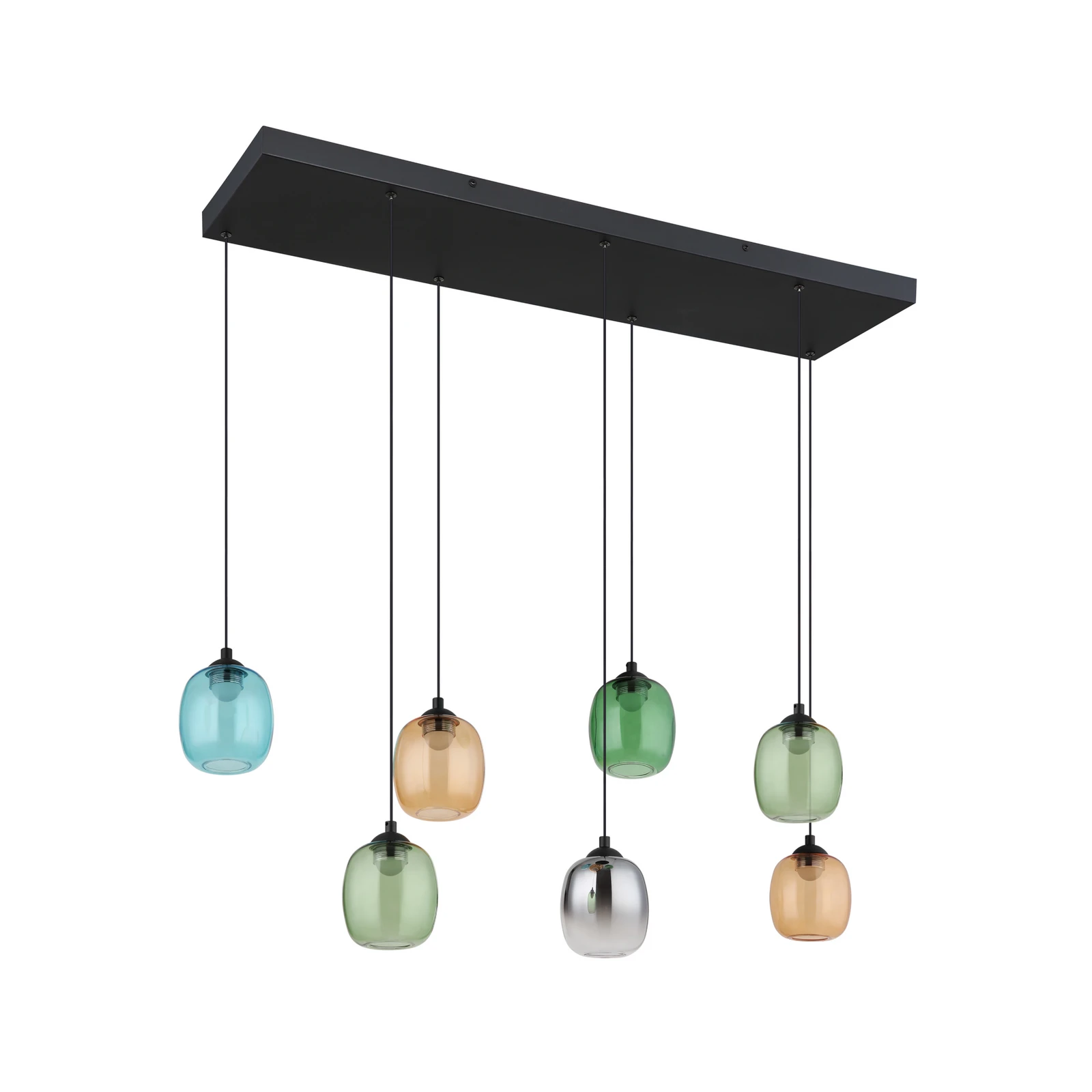 Suspension LED Minara, à 7 lampes, longueur 102 cm, multicolore, verre
