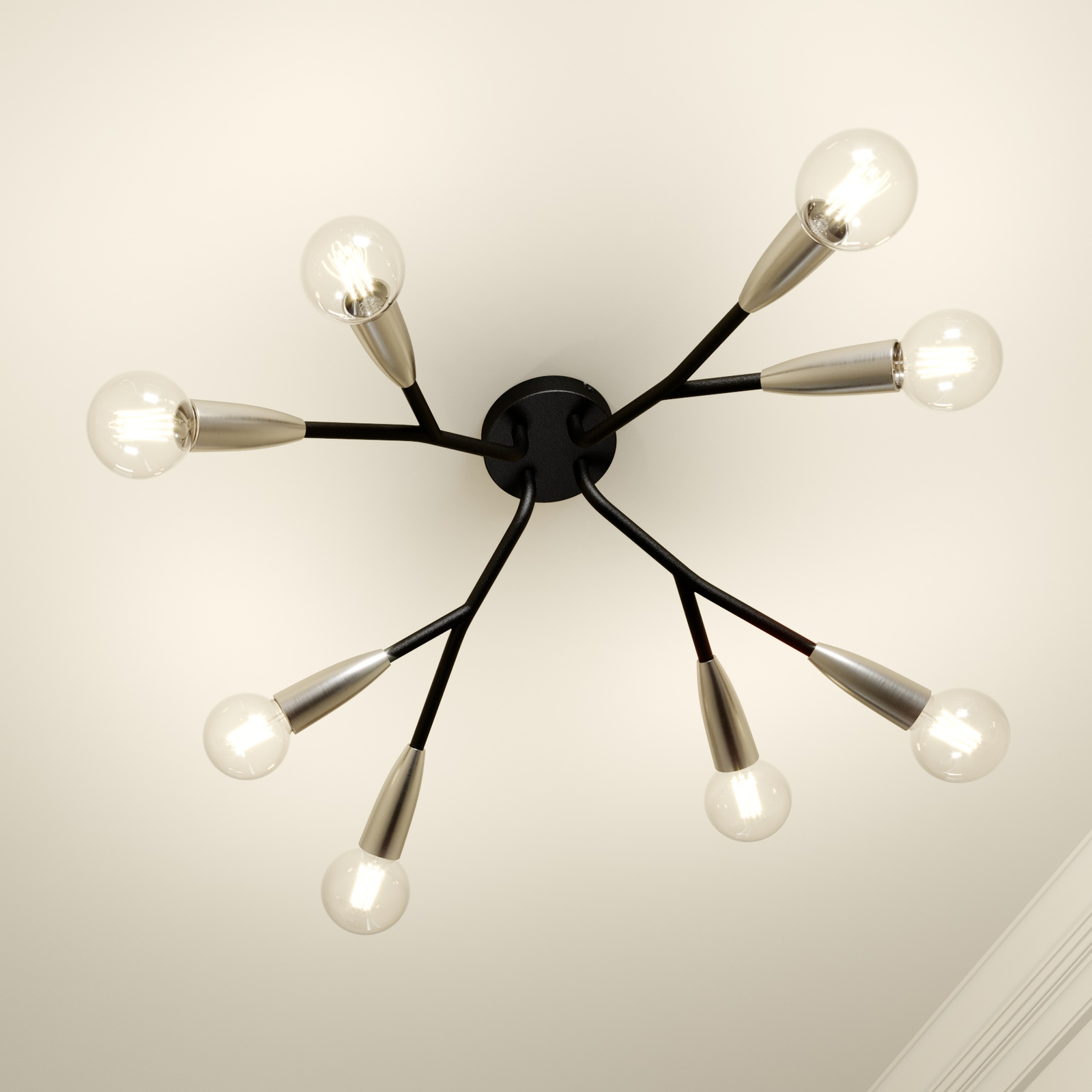 Lucande Carlea plafondlamp, 8-lamps zwart-nikkel