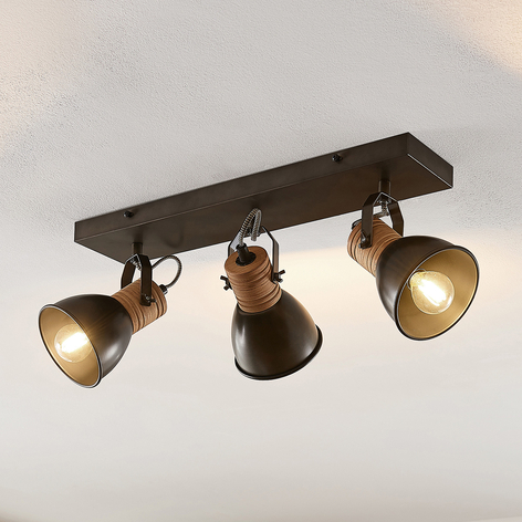 Lindby Arina plafonnier, allongé, bois, à 3 lampes