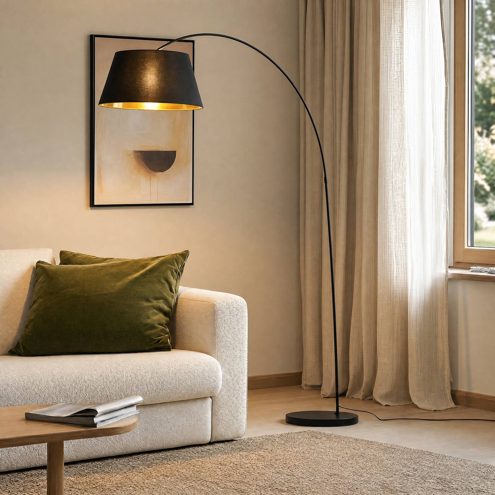 Lindby Esti vloerlamp, zwart/goud, stof, hoogte 192cm