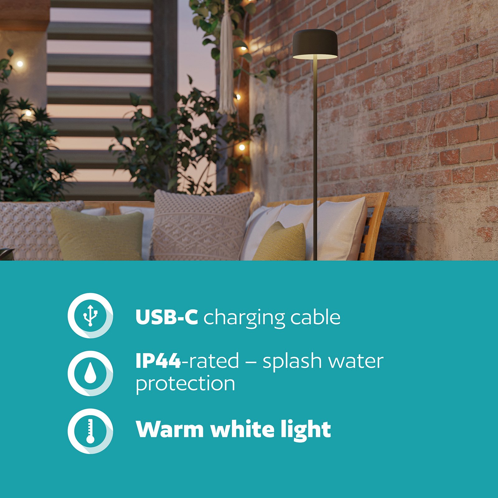 Päikesepaneeliga LED-terrassilamp Roccanova-L, roheline, kõrgus 120 cm