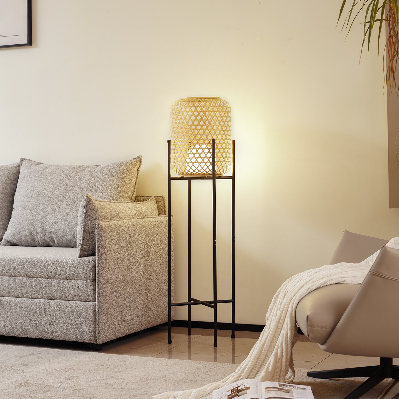 Lucande LED rechargeable floor lamp Adebi, black, bamboo, Ø32.5cm