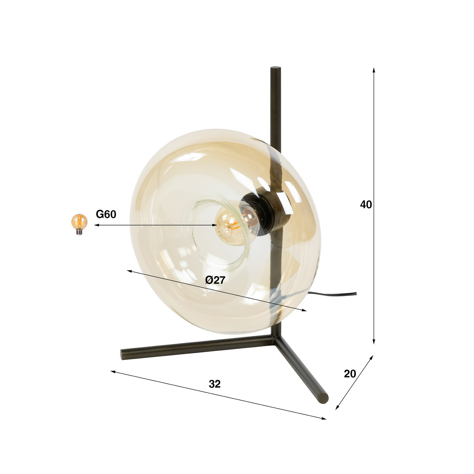 Tischleuchte Soll, amber, Glas, Ø 27 cm, E27, 1-flammig