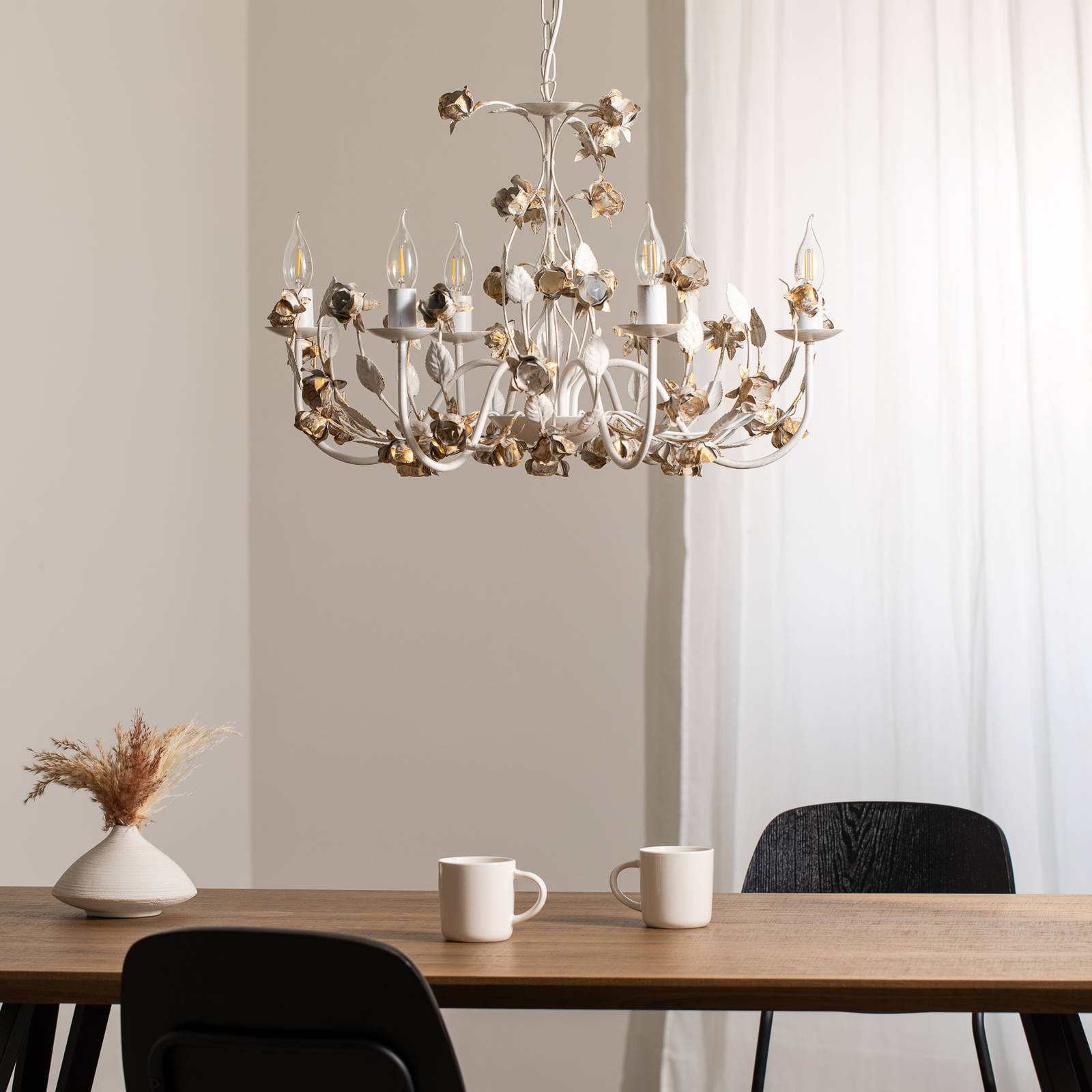Carolina chandelier, ivory-coloured, 6-bulb, iron