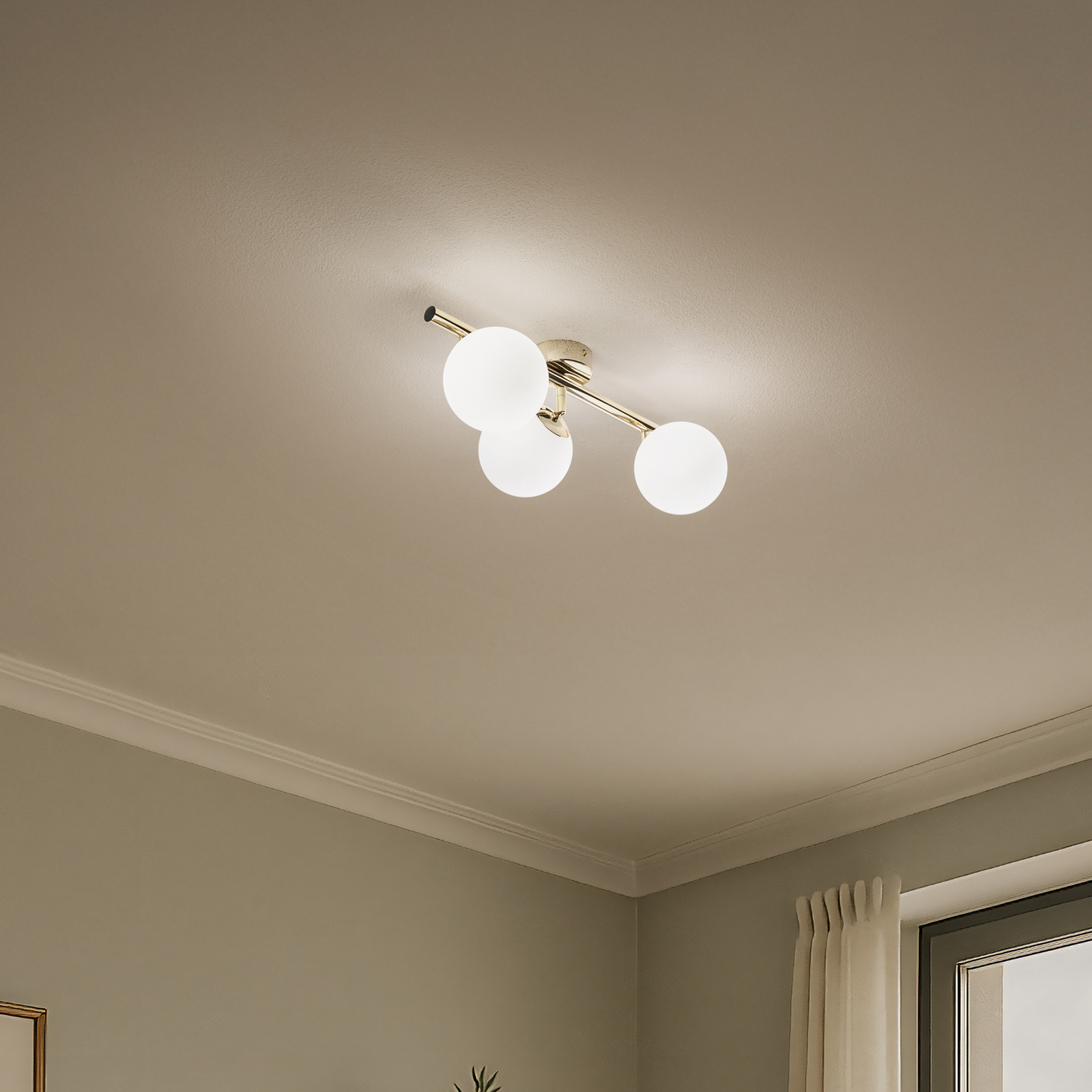 Loftlampe Drum, guldfarvet, 3 lyskilder, glas, længde 46 cm