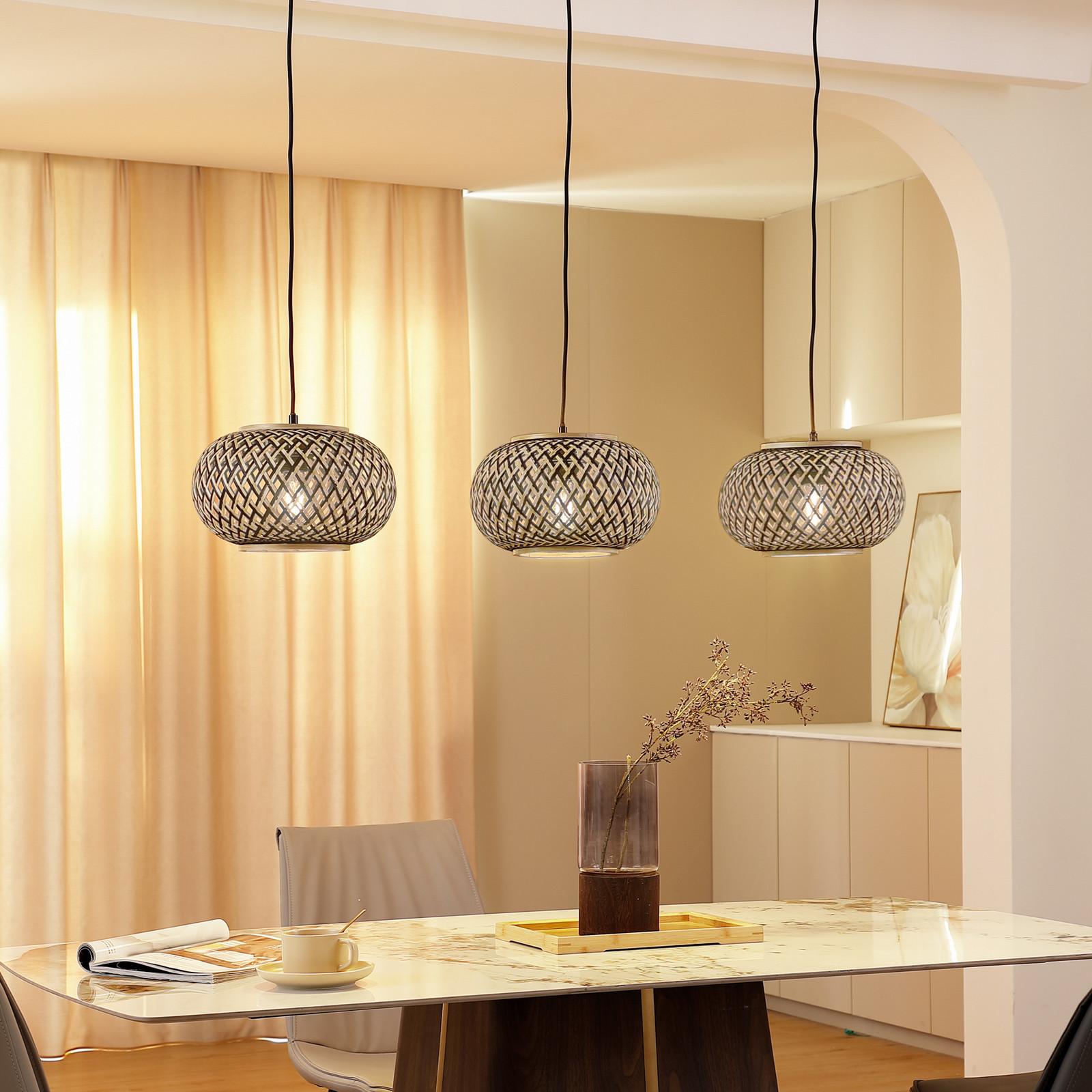 Lampă suspendată Lindby Nerys 3 becuri negru bambus 1.120 cm - Camera de zi / sufragerie - Casă de țară / Rustic - negru lemn închis