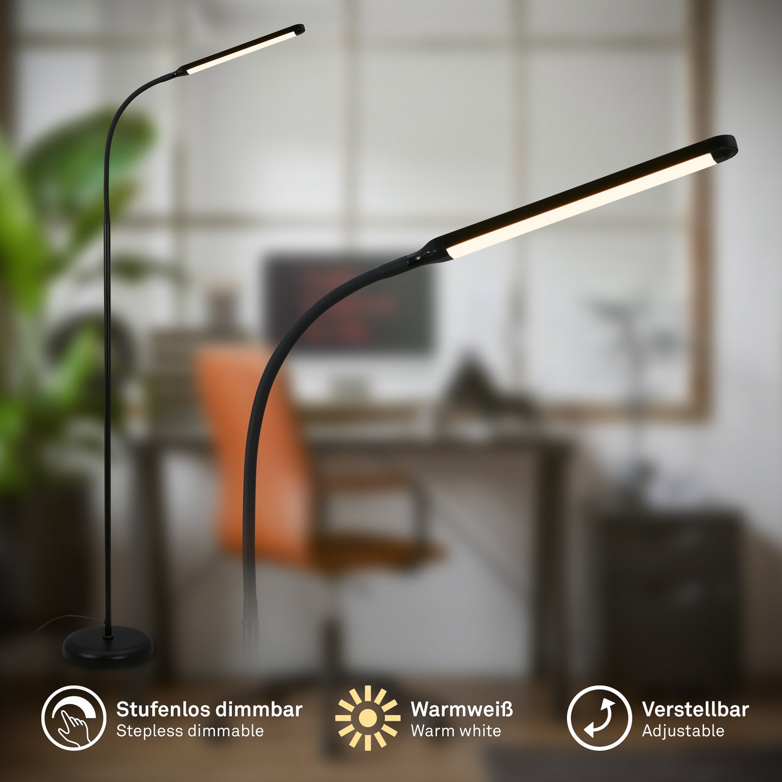 Lampe sur pied LED Mura, noir, hauteur 170 cm, métal, variateur tactile
