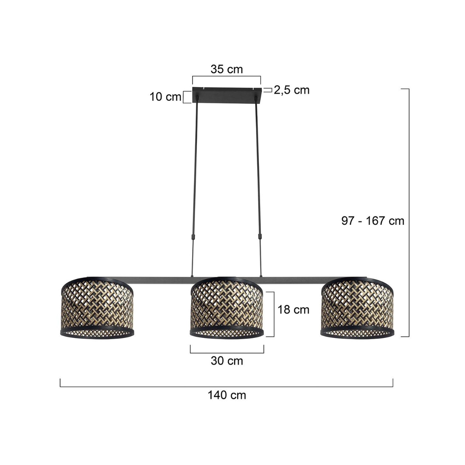 Hanglamp Stang, vlechtwerk naturel/zwart, 3-lamps