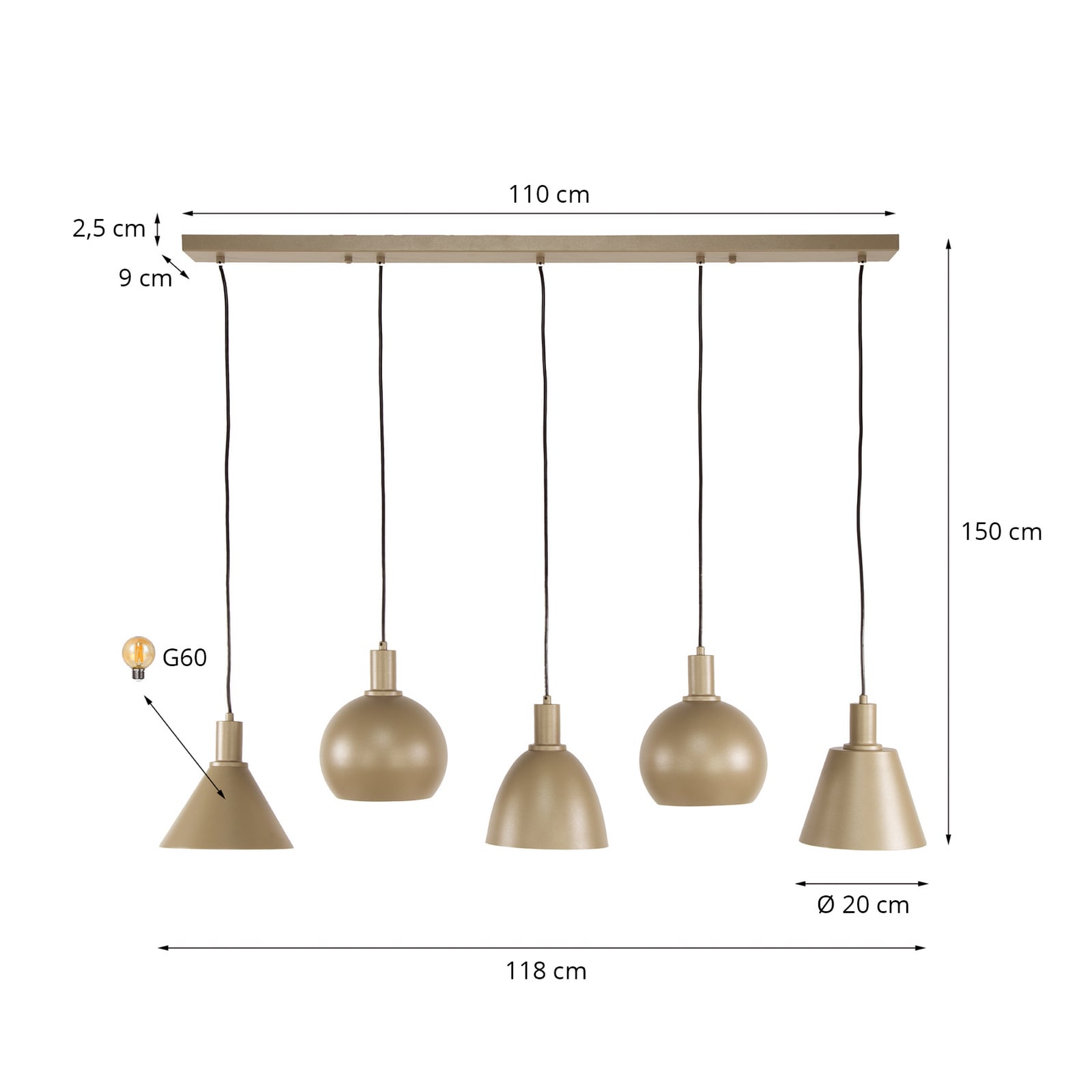 Pendelleuchte Metallo, beige, 5-flammig, 118 cm, E27