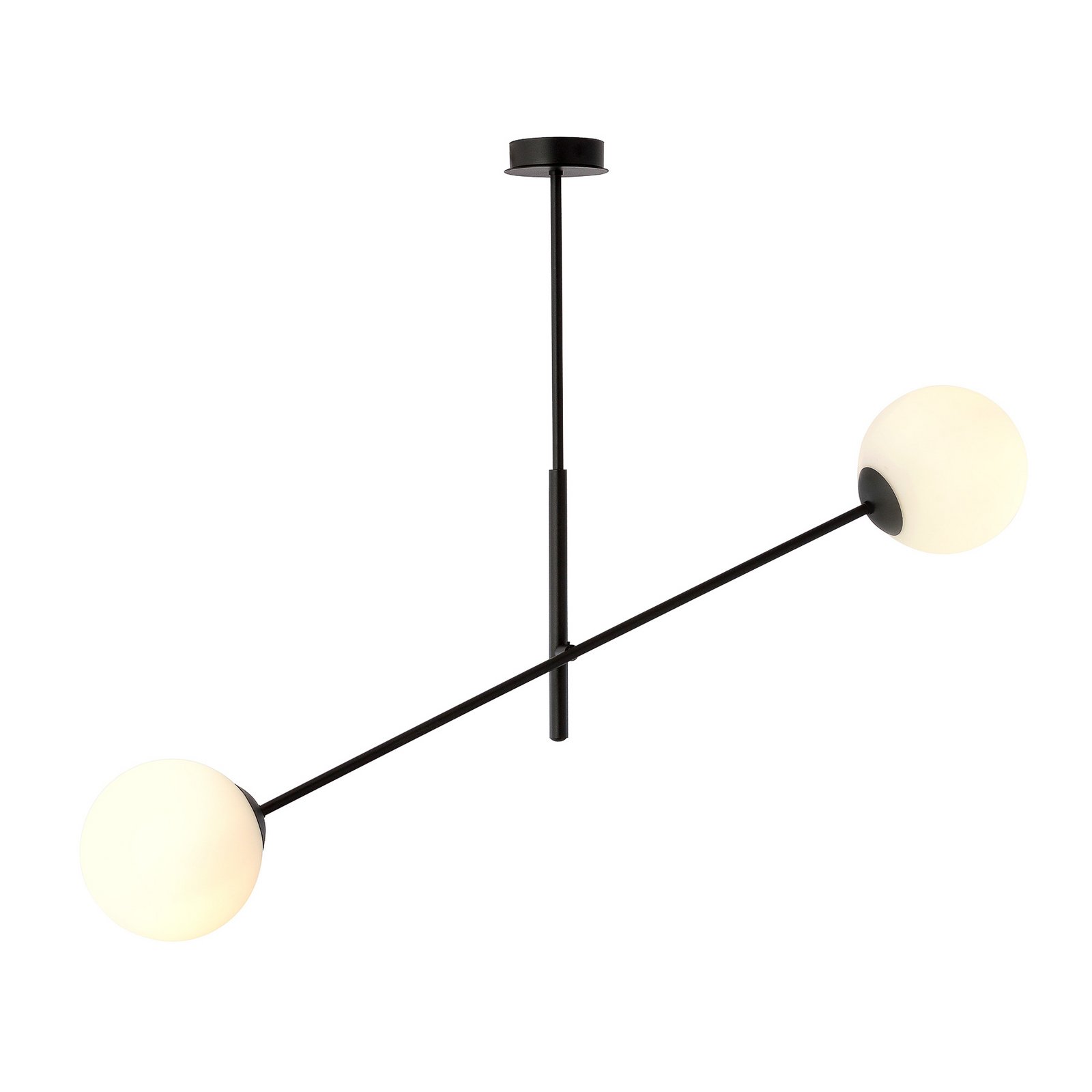 Linear ceiling lamp, black/opal, two-bulb