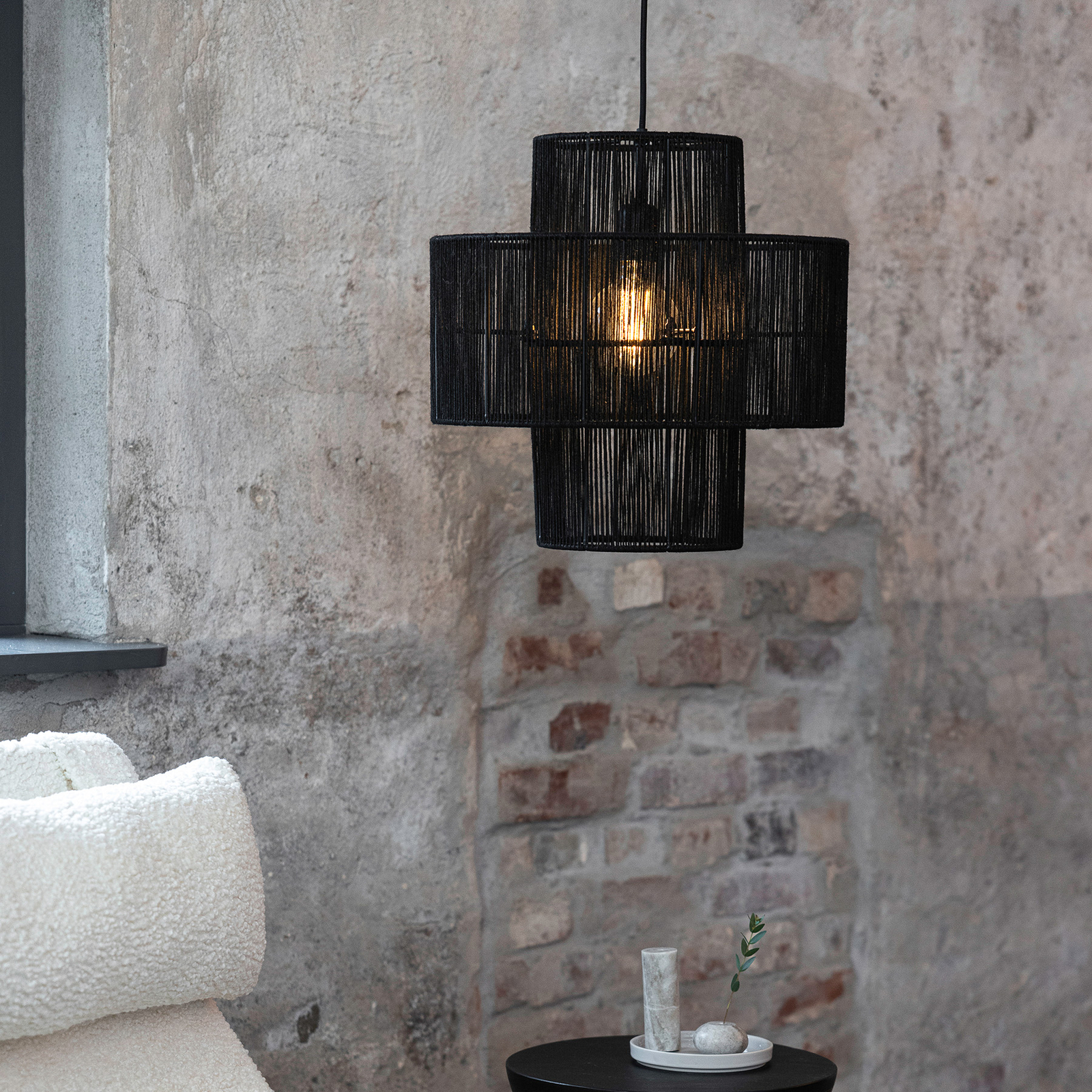 Soga hanging light, plug, black, jute, Ø 40 cm