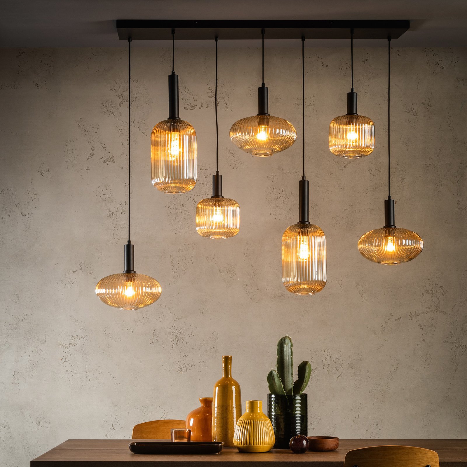 Maloto hanglamp, glas, 7-lichts, amber, 150 cm