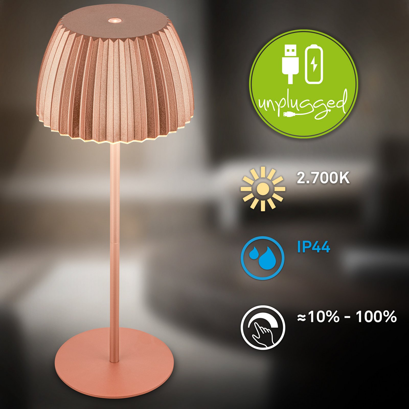 Lampe à poser LED rechargeable Brilo unplugged Riffle, 36 cm, cuivre