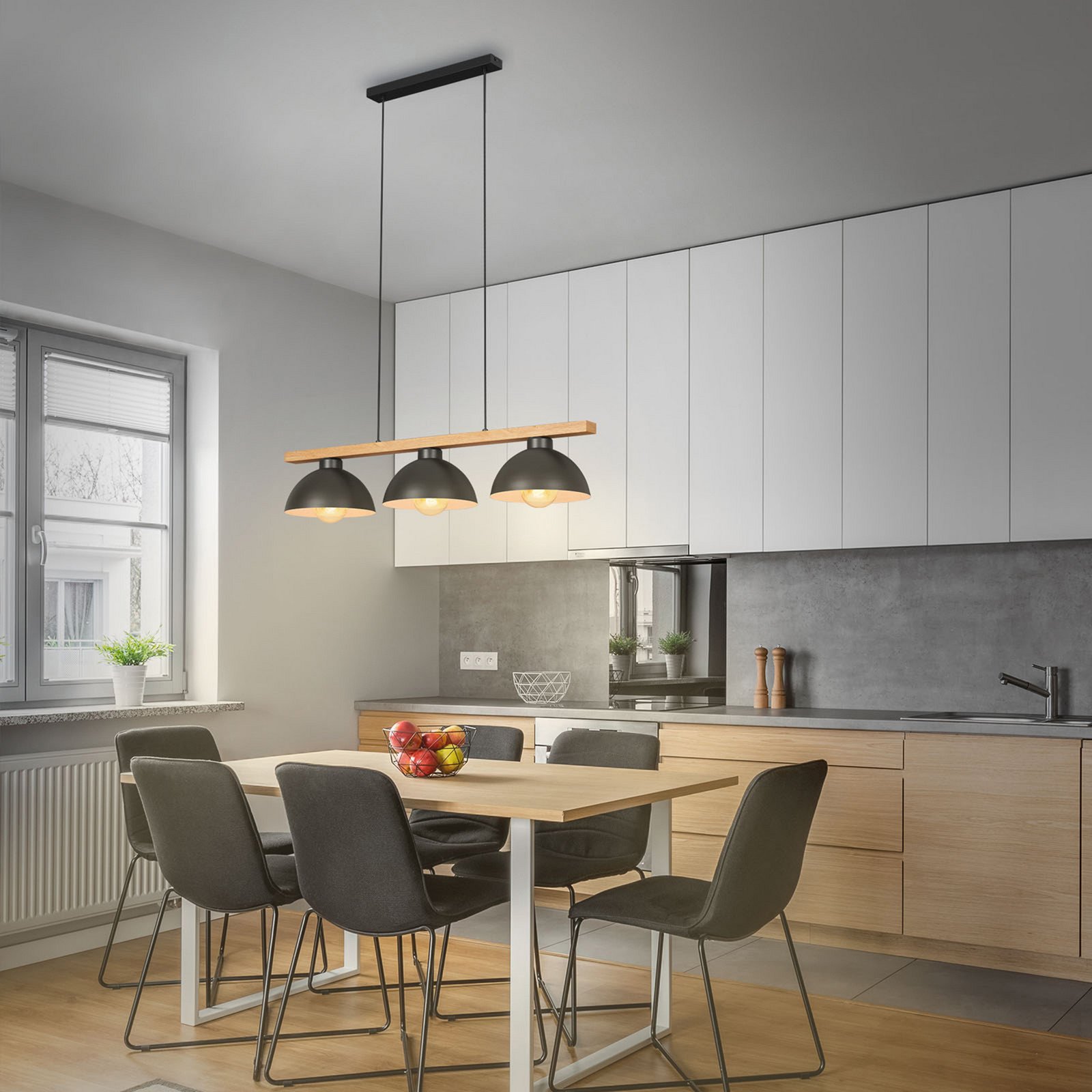 Briloner 4046-035 lampă suspendată negru/lemn 3 surse - Bucătărie - Vintage - negru lemn culoare deschisă - Metal