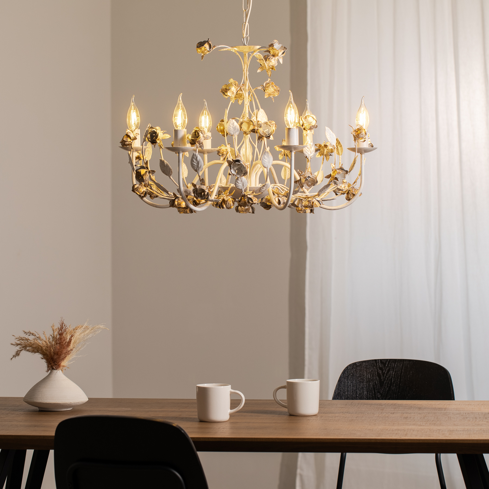 Carolina chandelier, ivory-coloured, 6-bulb, iron