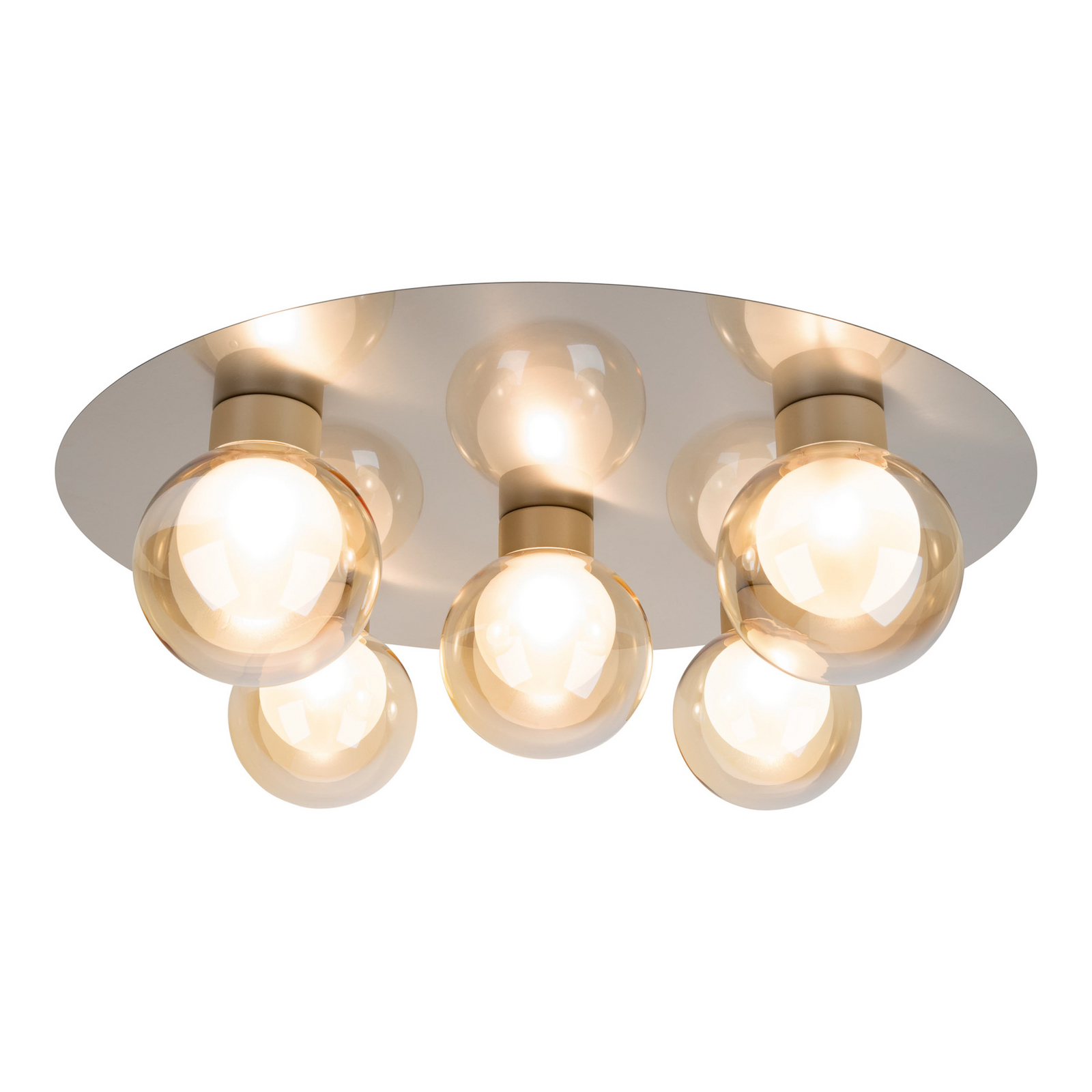 Stropna svjetiljka Donika, okrugla s 5 žarulja, staklo, čelik, jantarna, G9