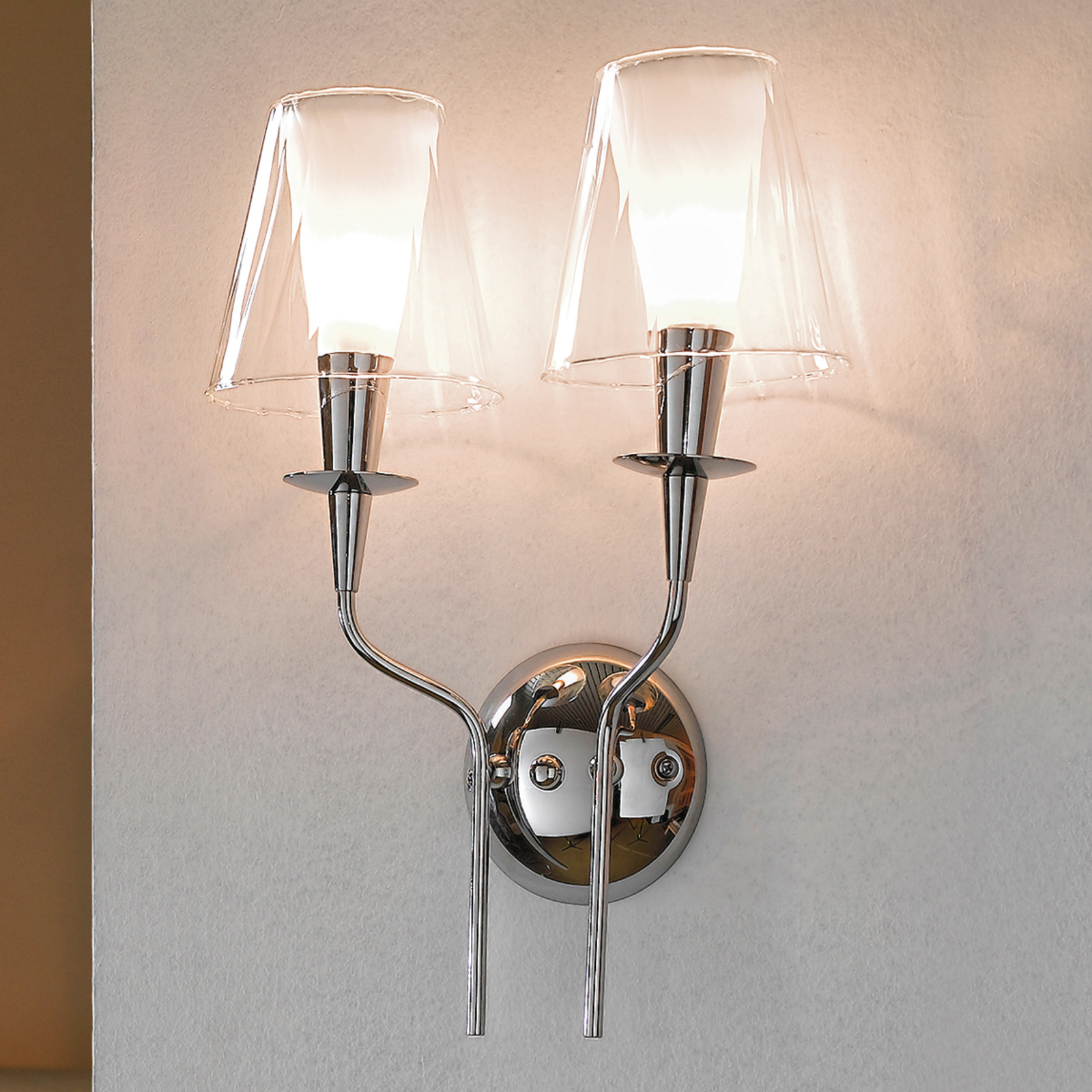 Mettallux Wall light Opera with two glass lampshades, for Living / Dining Room, chrome, glass, G9, 40 W, energy efficiency: A++, W: 30 cm, H: 40 cm
