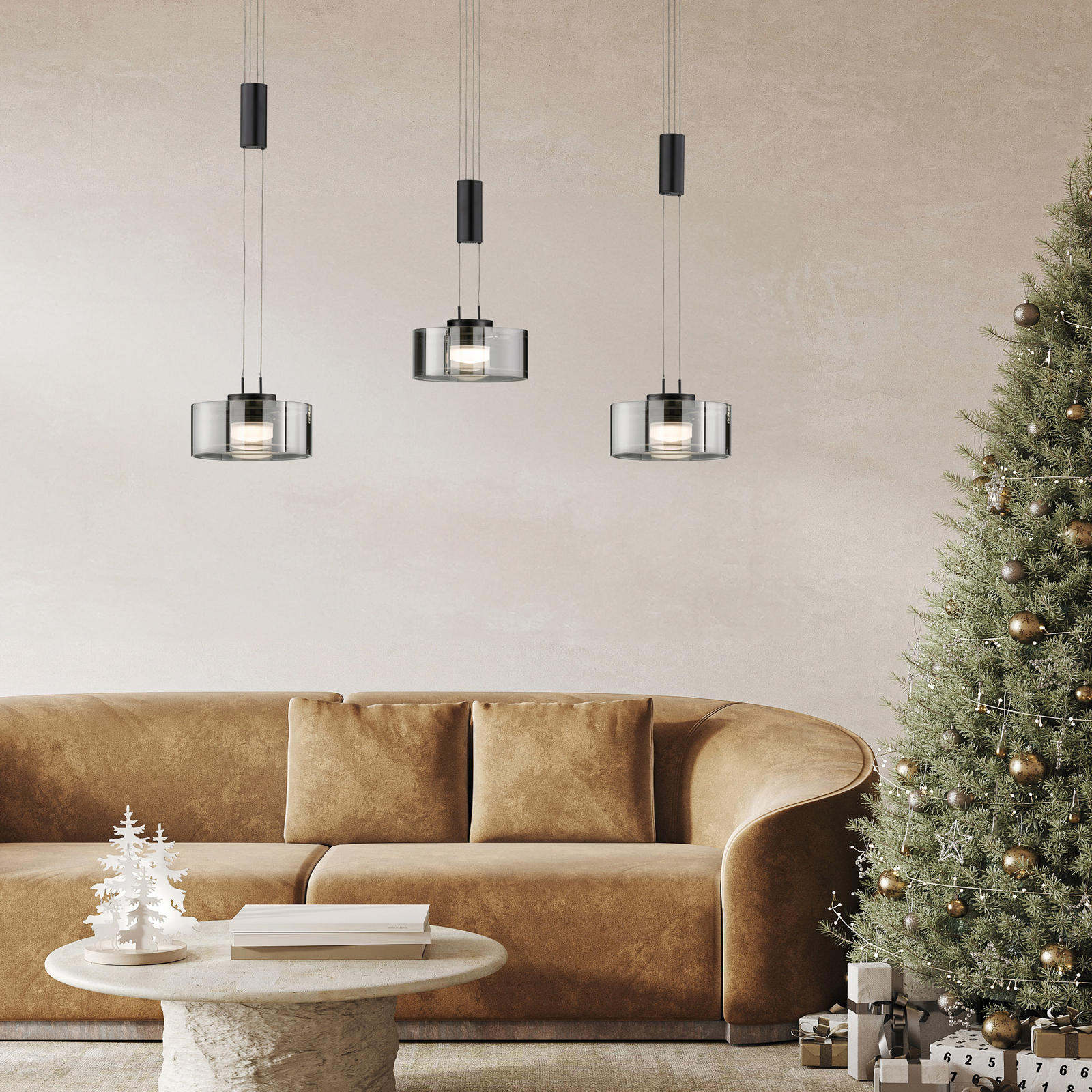 LED-pendellampe Lavin, længde 100 cm, sand sort/røggrå LED-pendellampe Lavin, længde 100 cm, sand sort/røggrå