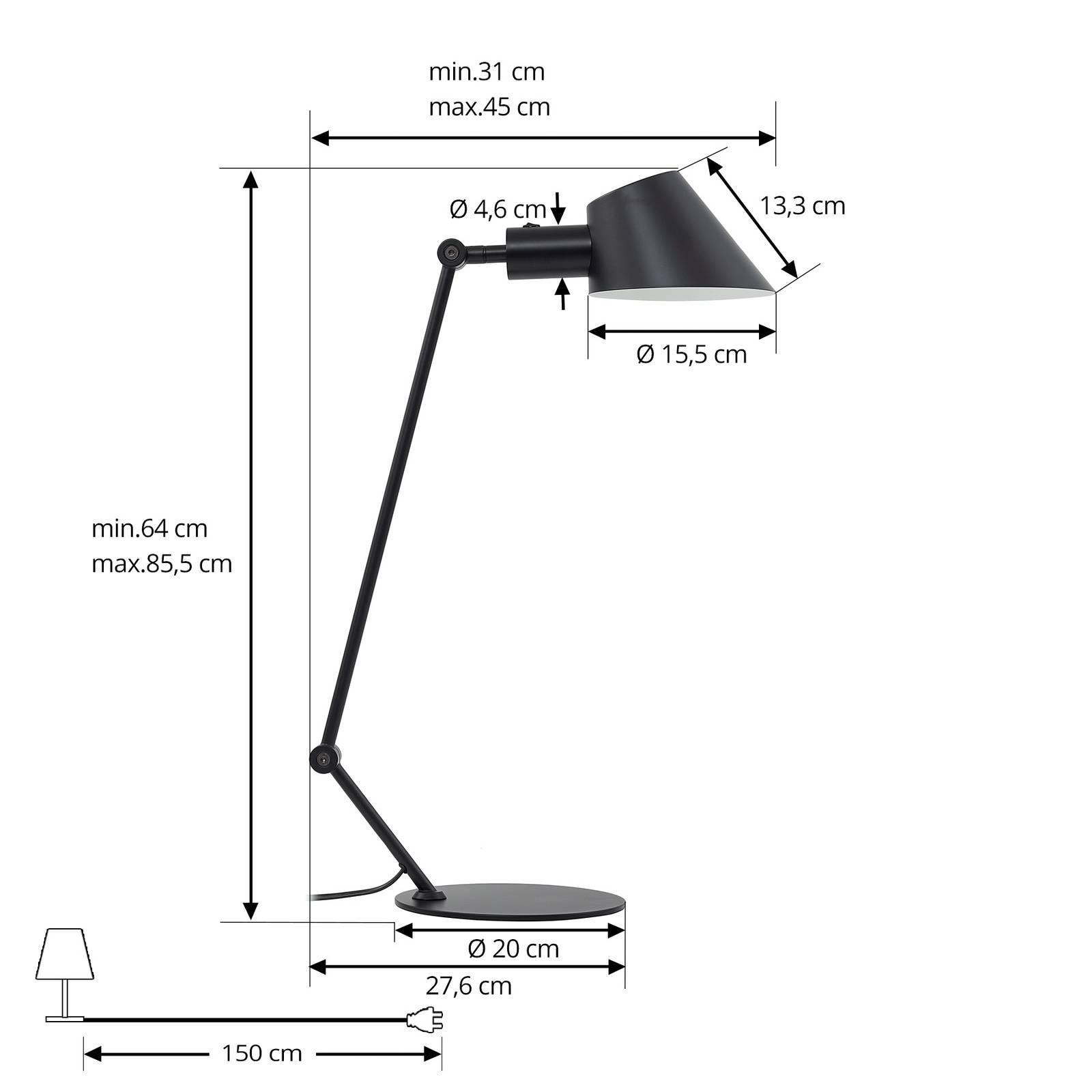 Lampa stołowa Lindby Corali, czarna, metal, wysokość 64cm