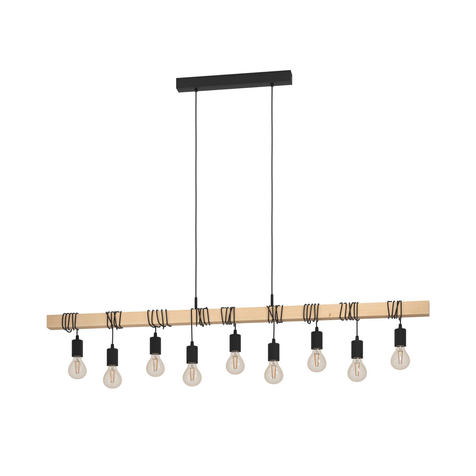 Townshend hanglamp, lengte 150 cm, zwart/hout, 9-lamps.