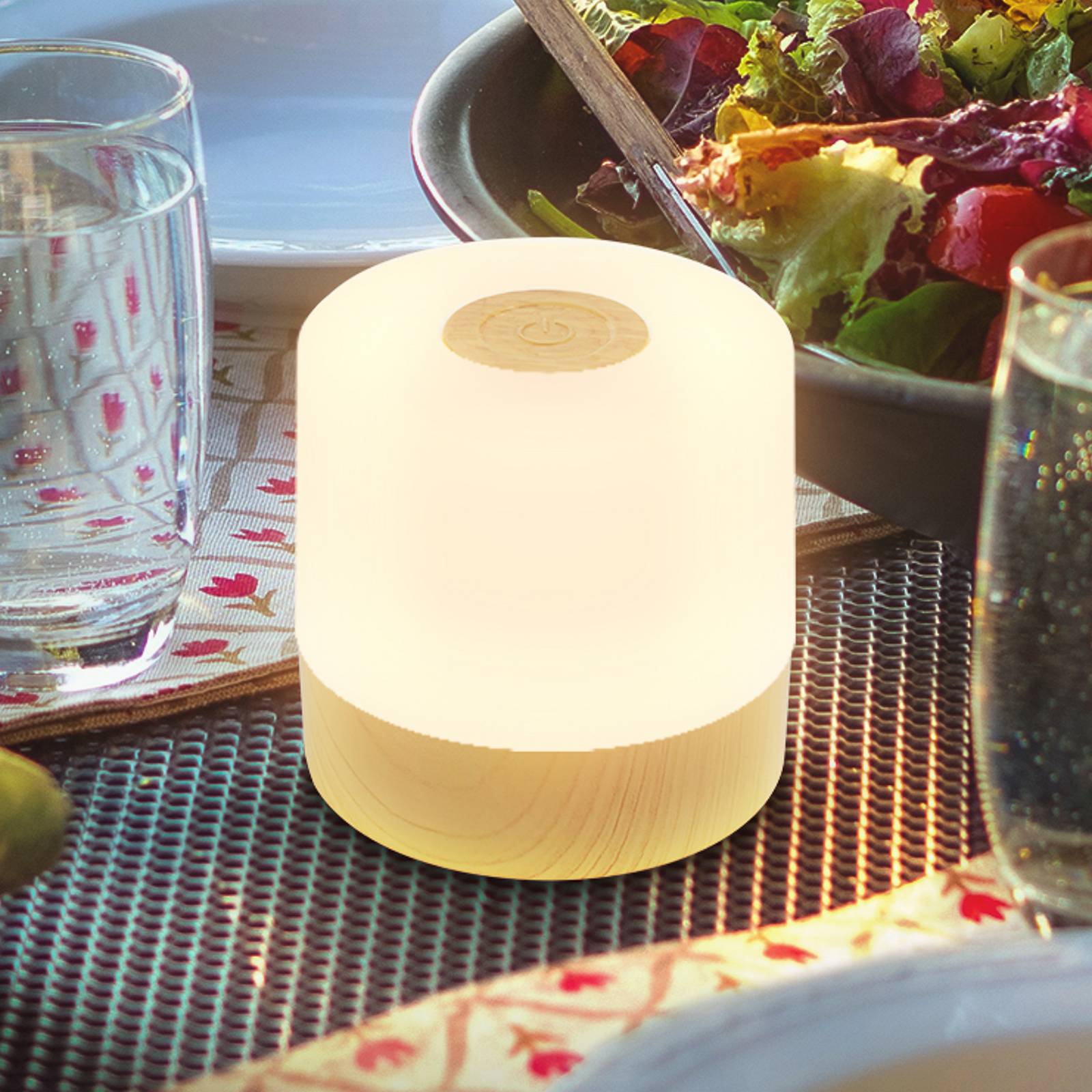 B.K. Licht Lampe à poser LED rechargeable Cita aspect bois, USB-C, 2 700 K, variateur