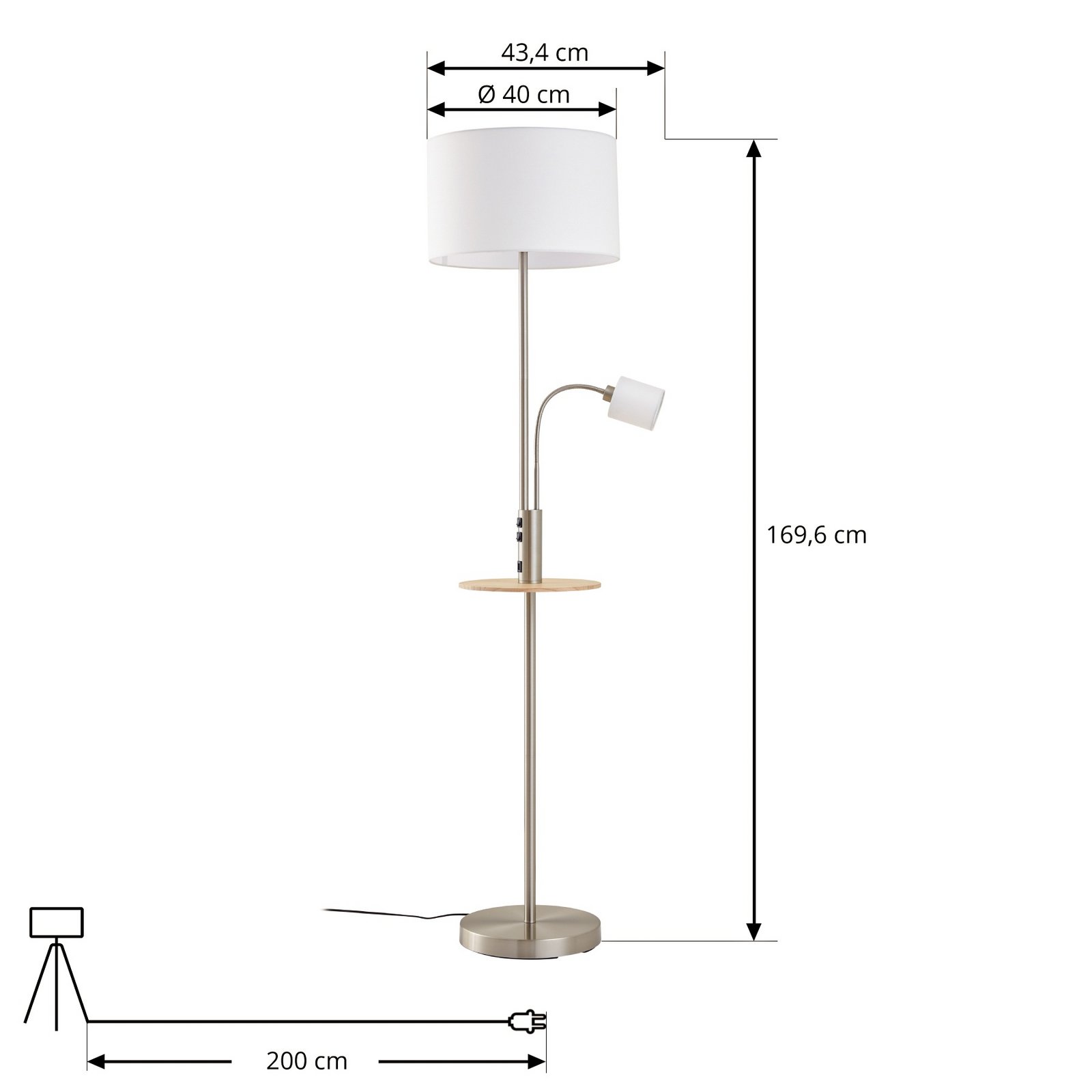 Lindby stojací lampa Aovan, niklová, odkládací plocha, USB port