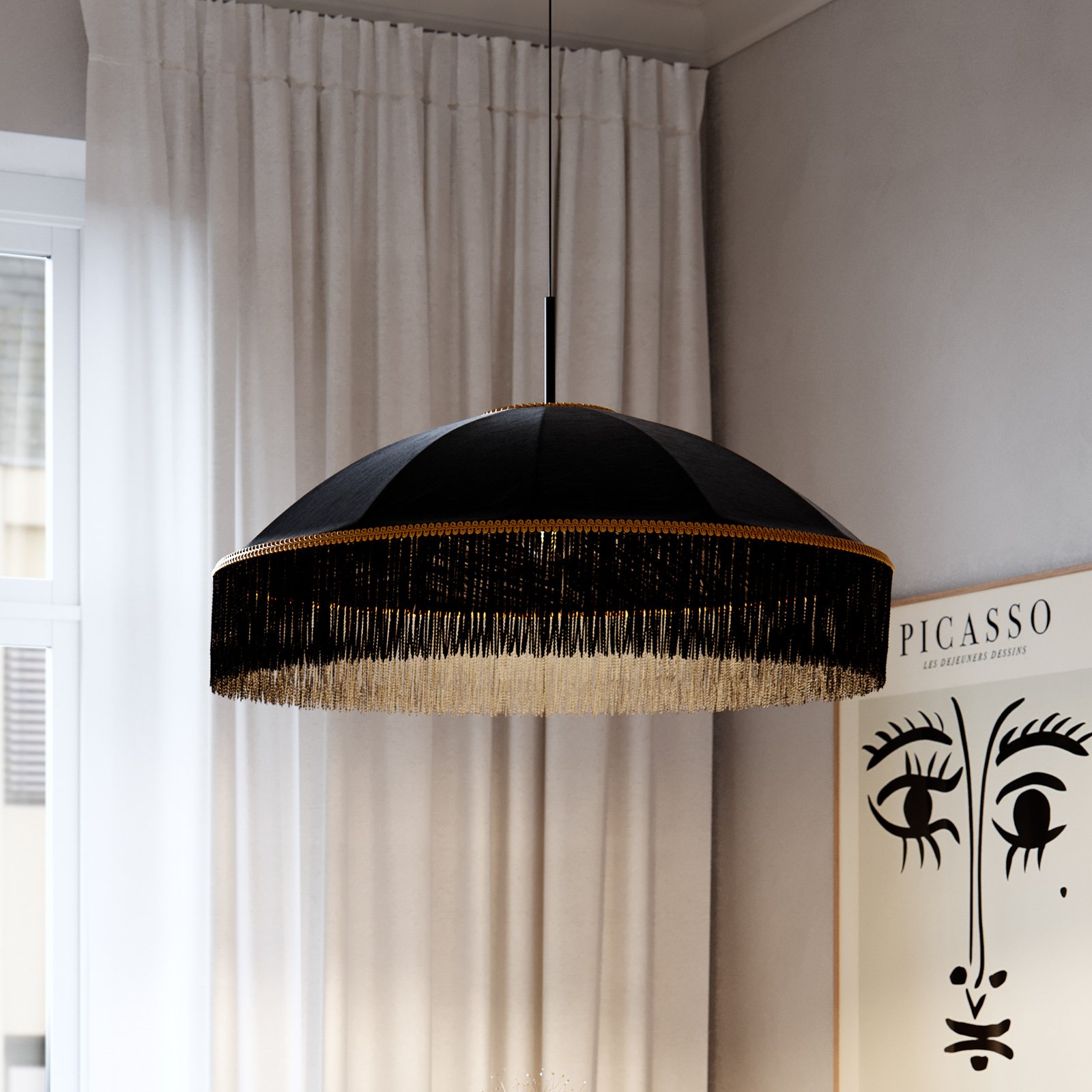 By Rydéns Francis pendant light, black, Ø 60 cm, textile