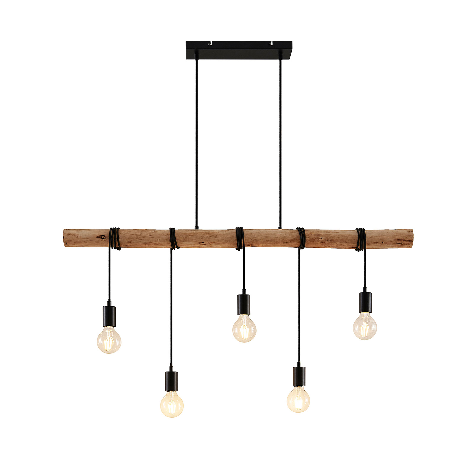 Lámpara colgante Lindby Rom, 5 luces, madera, cuerda, negro, E27