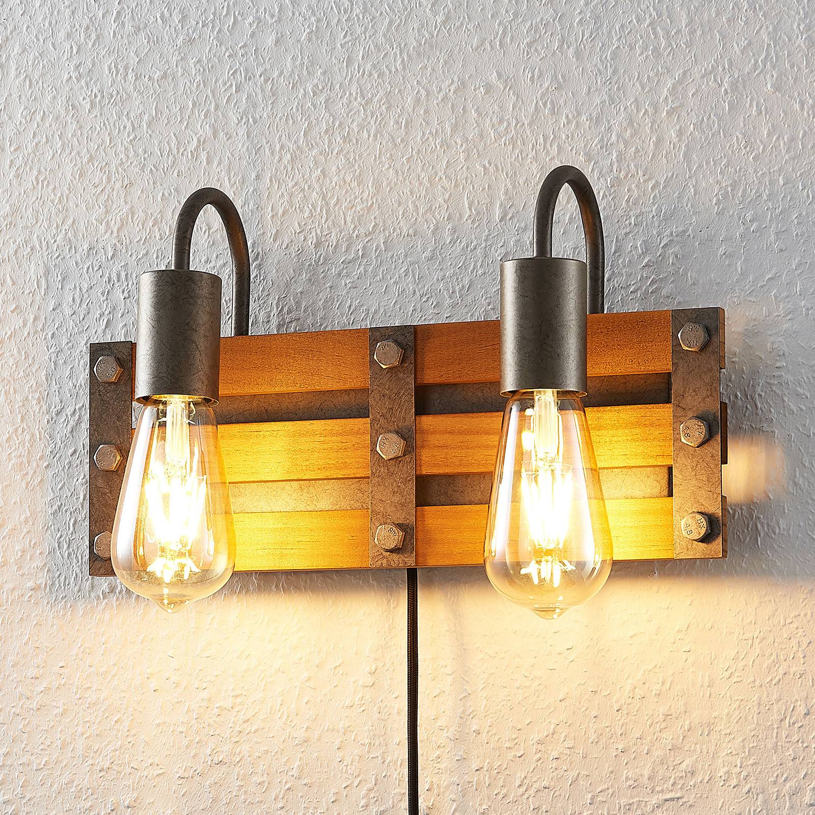 Lindby Jamina houten wandlamp, 2-lamps
