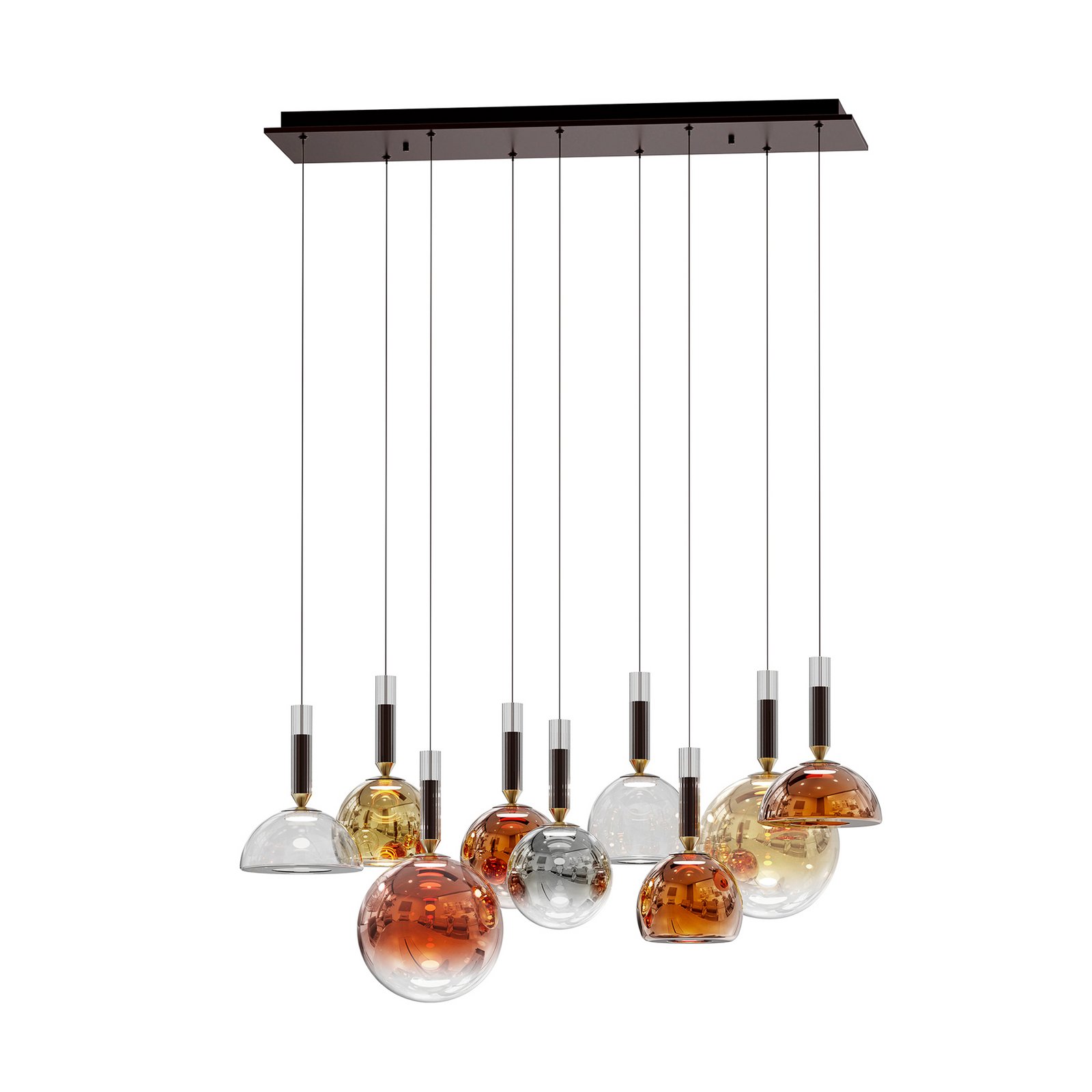 Charlize II 9 lukturu LED piekaramā lampa, triac-dim, četru krāsu stikls