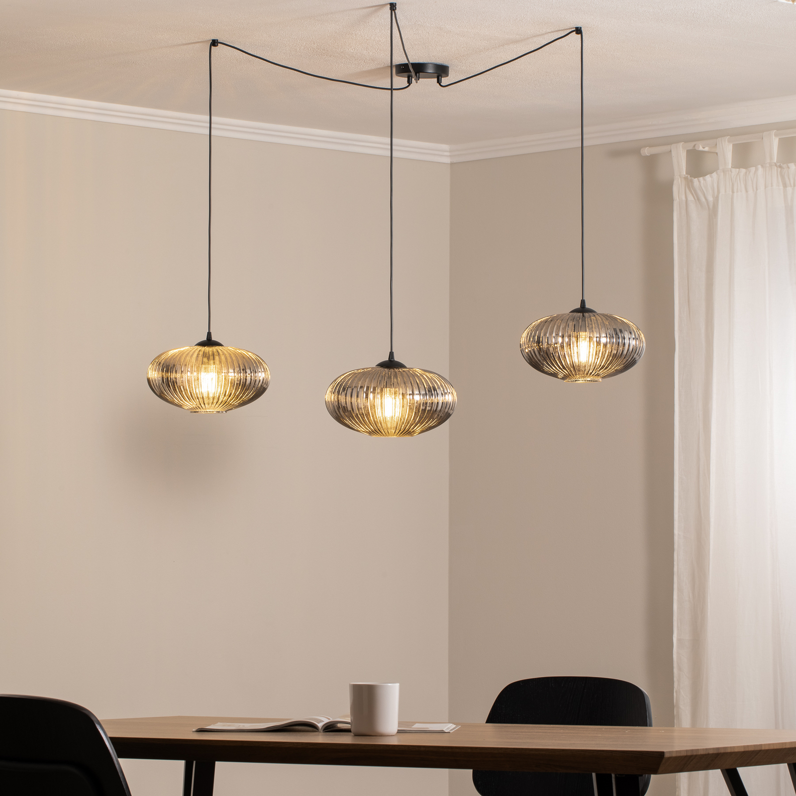 Lampa wisząca Origo, kolor dymny, zdecentralizowany, szkło, 3-punktowa.