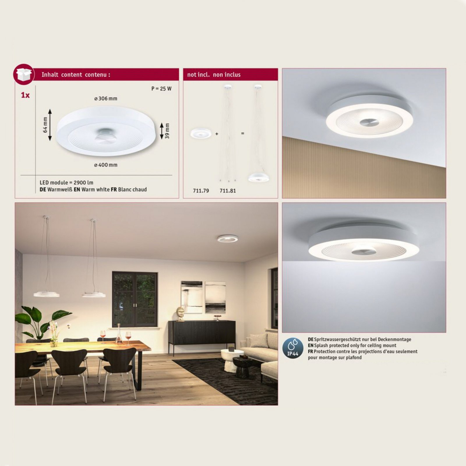 Paulmann LED stropní svítidlo Volea, bílá/stříbrná Ø 40 cm IP44 stmívatelné