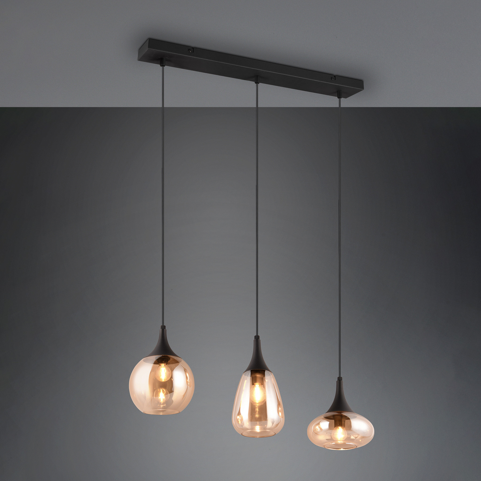 LUMINA pendant light, 3-bulb, black/amber, glass