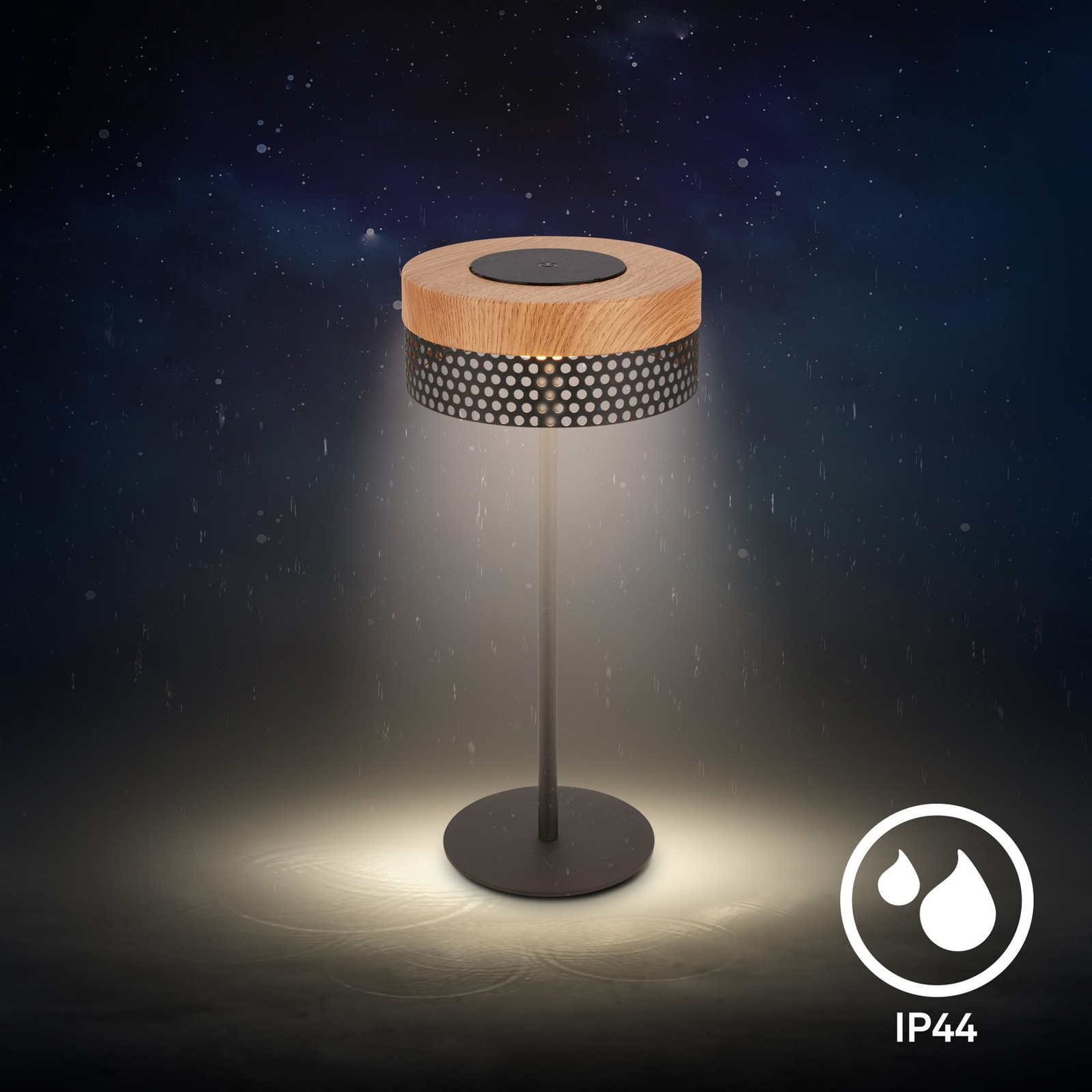 Booha rechargeable table lamp, brown, metal, IP44, dimmable