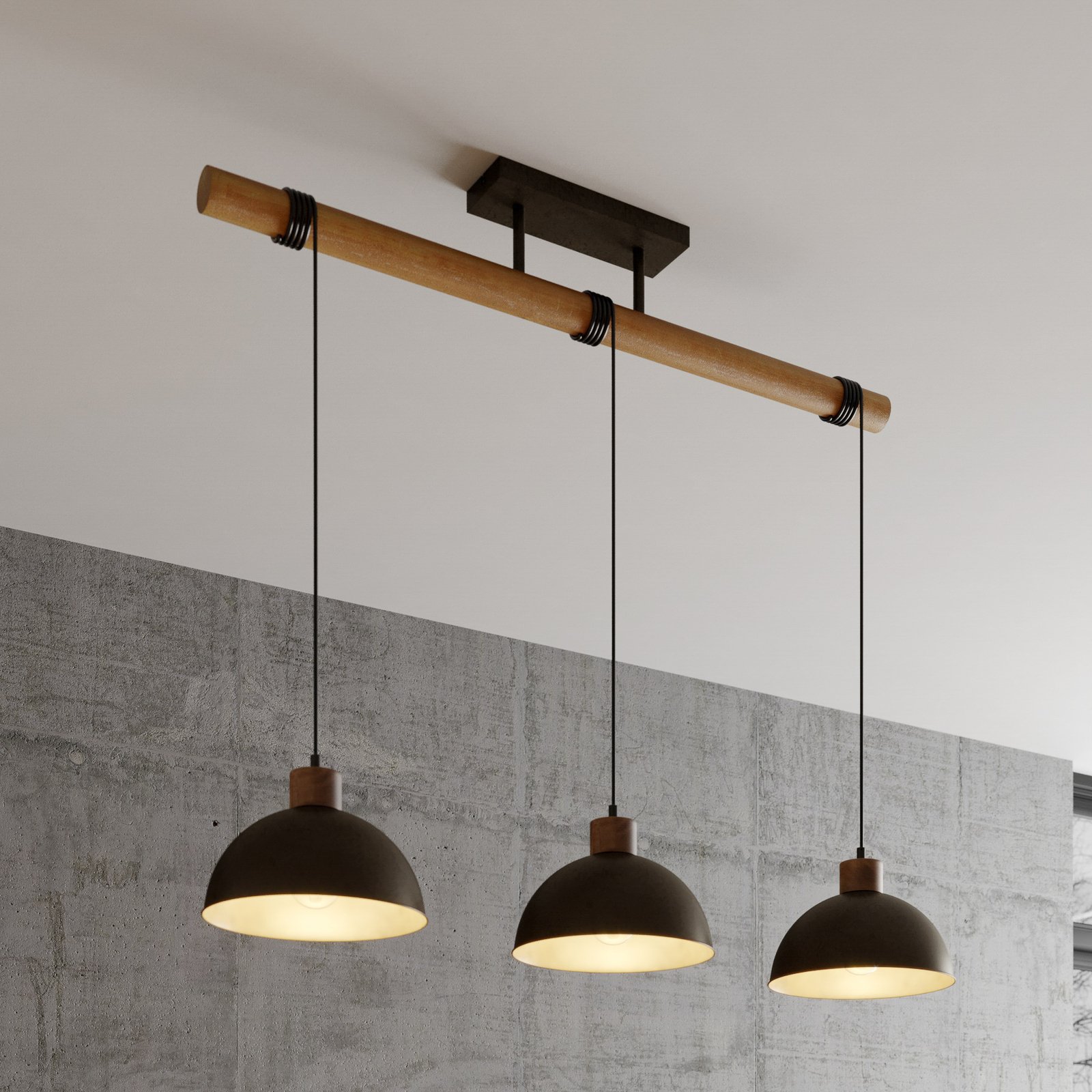 Lindby Holgar hanging light, wood, metal, 3-bulb
