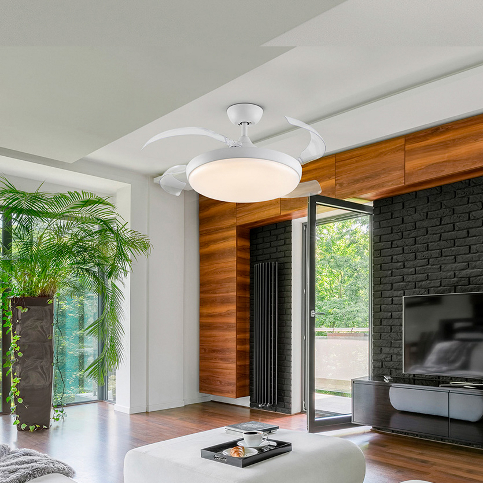 LED stropni ventilator Venturi bel/prozoren DC, Ø 106 cm tih