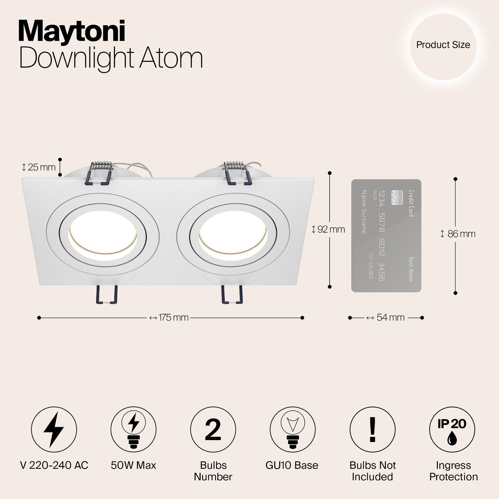 Maytoni candeeiro de embutir Atom, 2 lâmpadas, branco, angular