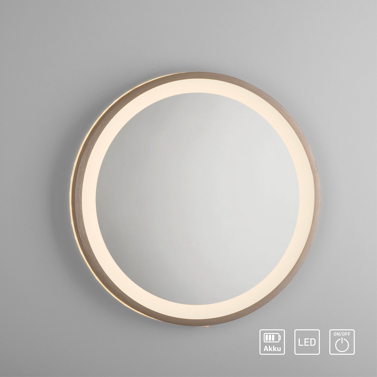 LED-Wandspiegel VIDRO, bronze, Ø 36 cm, Powerbank, Schalter