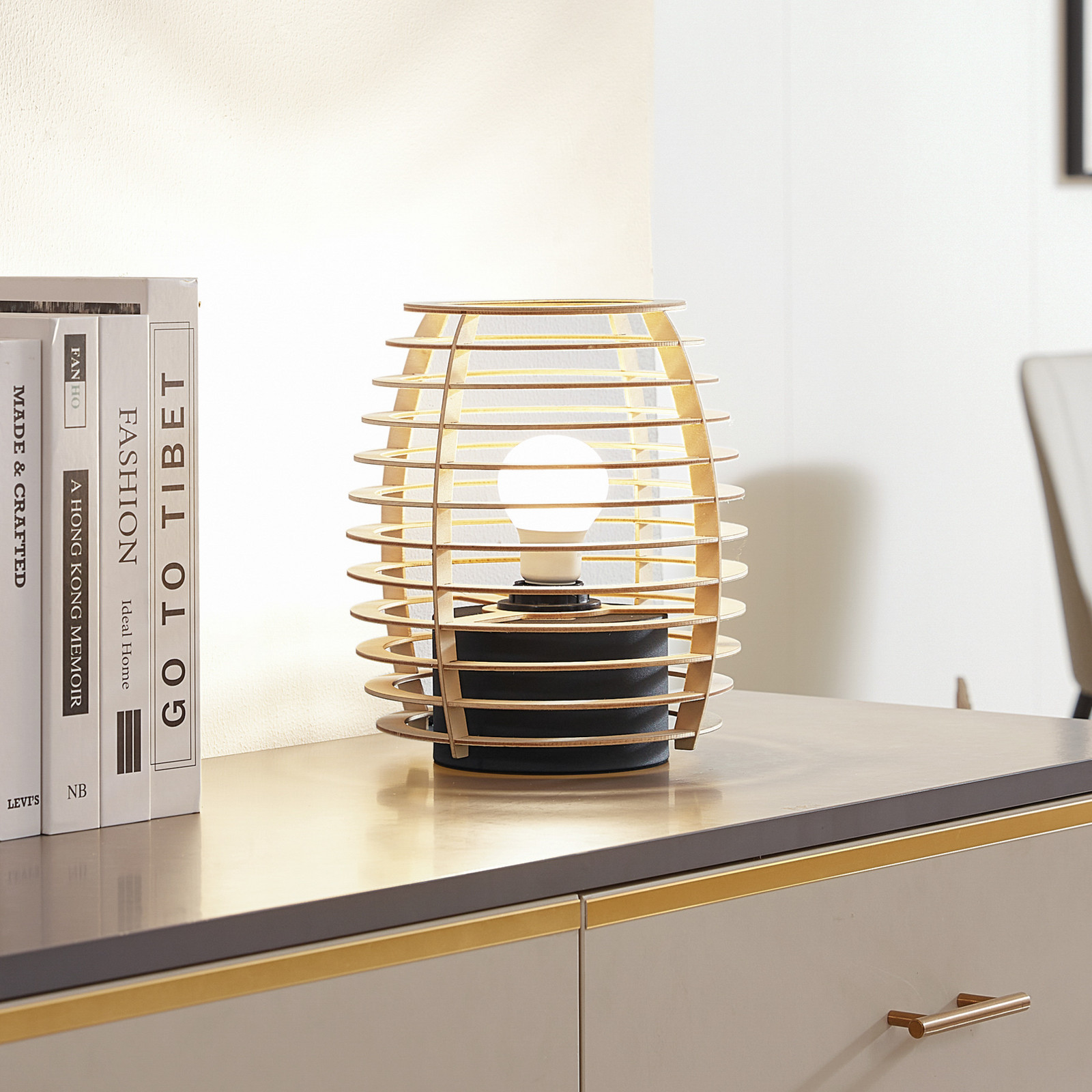 Lindby Ediz lampă de masă negru lemn 25 cm înălțime E27 - Hol - modern - lemn deschis negru