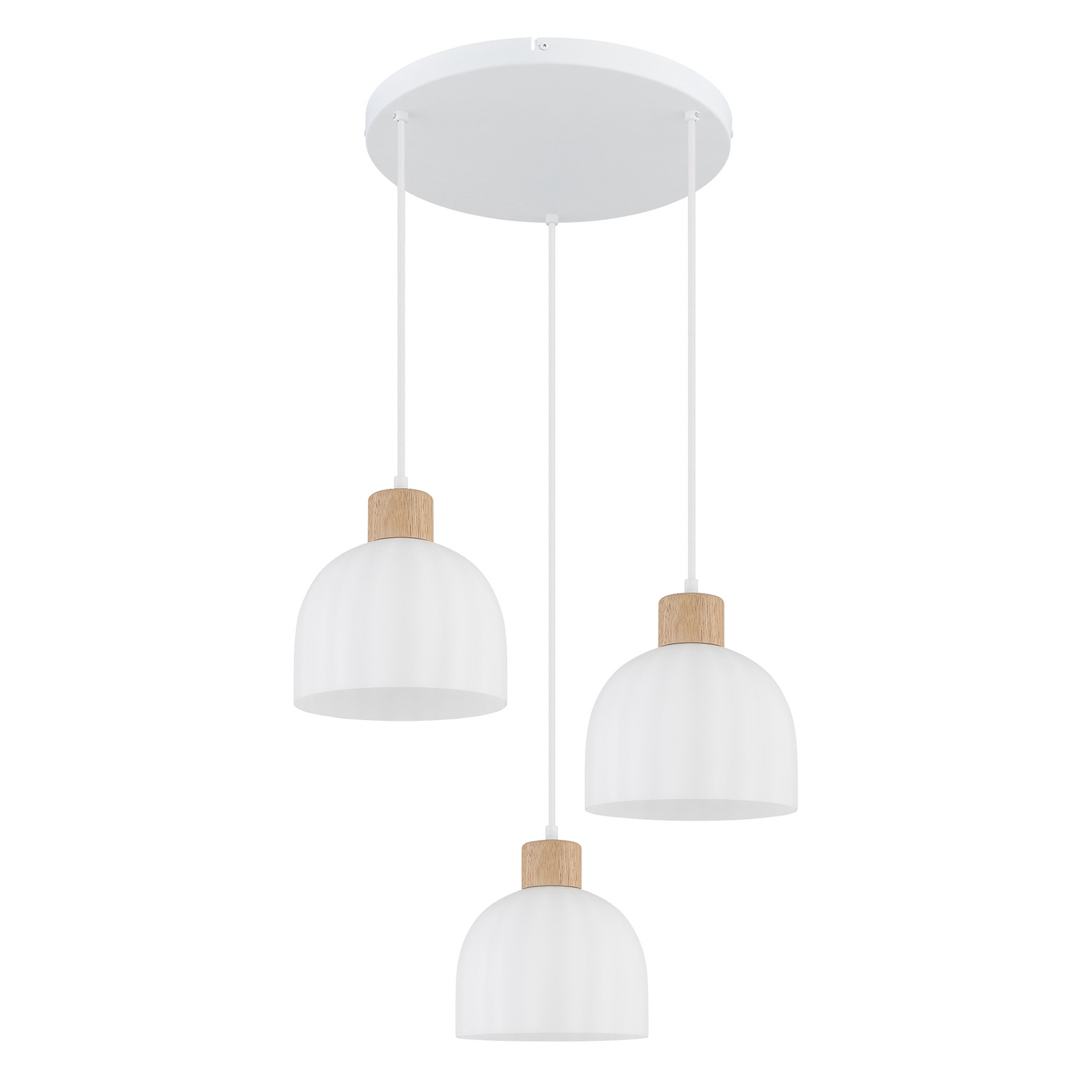 Lampă suspendată Swanson, Ø 51 cm, alb/maro, metal/lemn, cu 3 becuri. Lampă suspendată Swanson, Ø 51 cm, alb/maro, metal/lemn, cu 3 becuri.